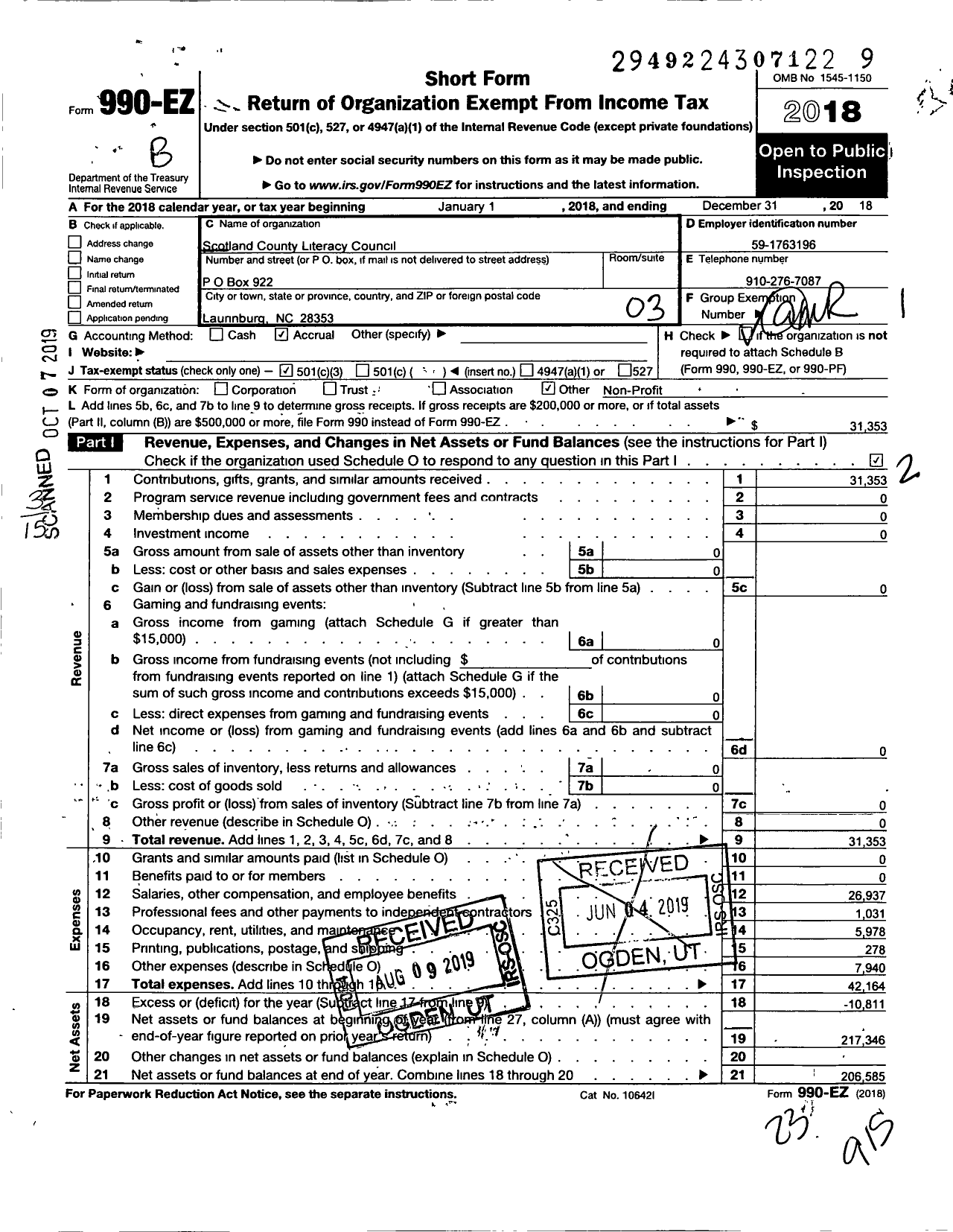 Image of first page of 2018 Form 990EZ for Scotland County Literacy Council