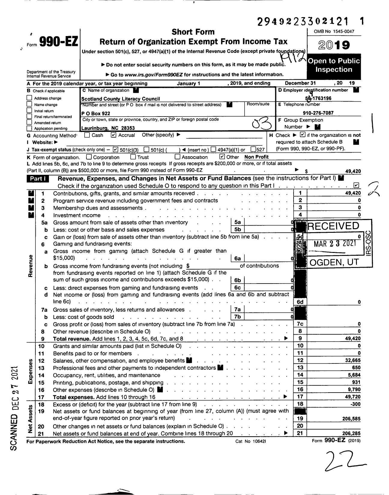 Image of first page of 2019 Form 990EZ for Scotland County Literacy Council