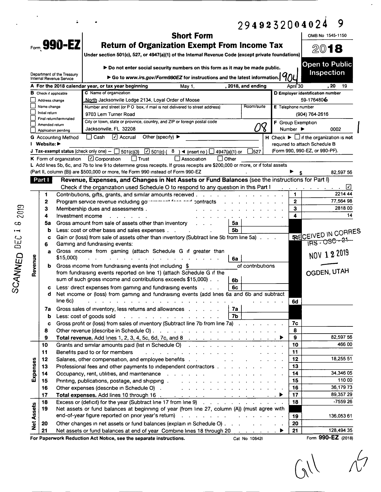 Image of first page of 2018 Form 990EO for Loyal Order of Moose - 2134