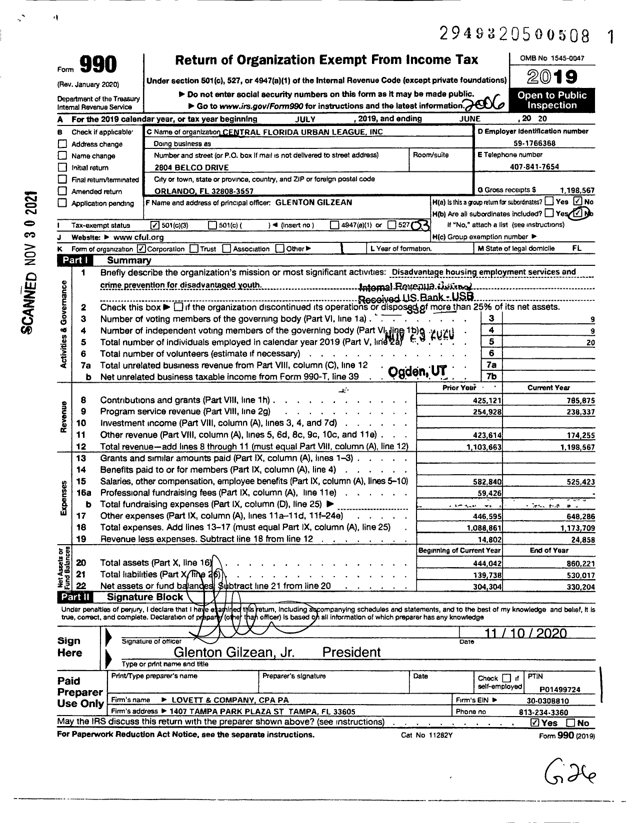 Image of first page of 2019 Form 990 for Central Florida Urban League