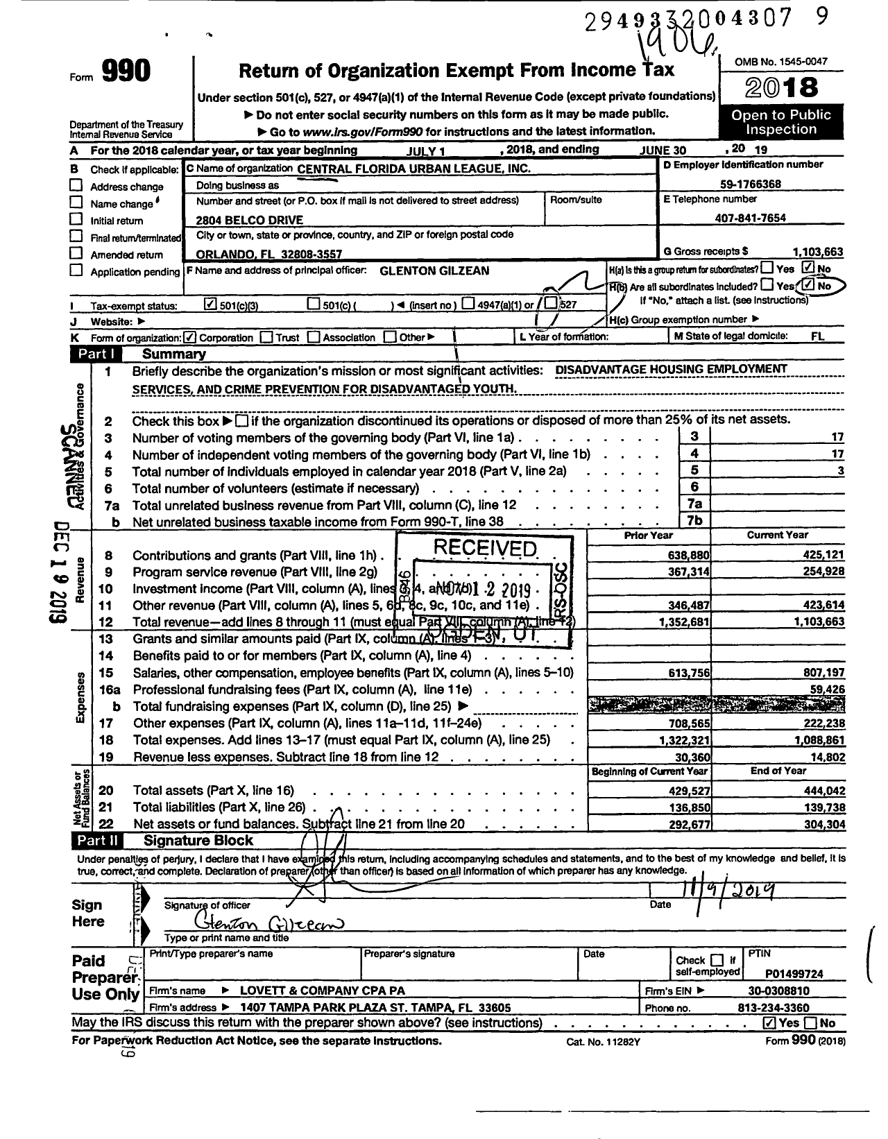 Image of first page of 2018 Form 990 for Central Florida Urban League