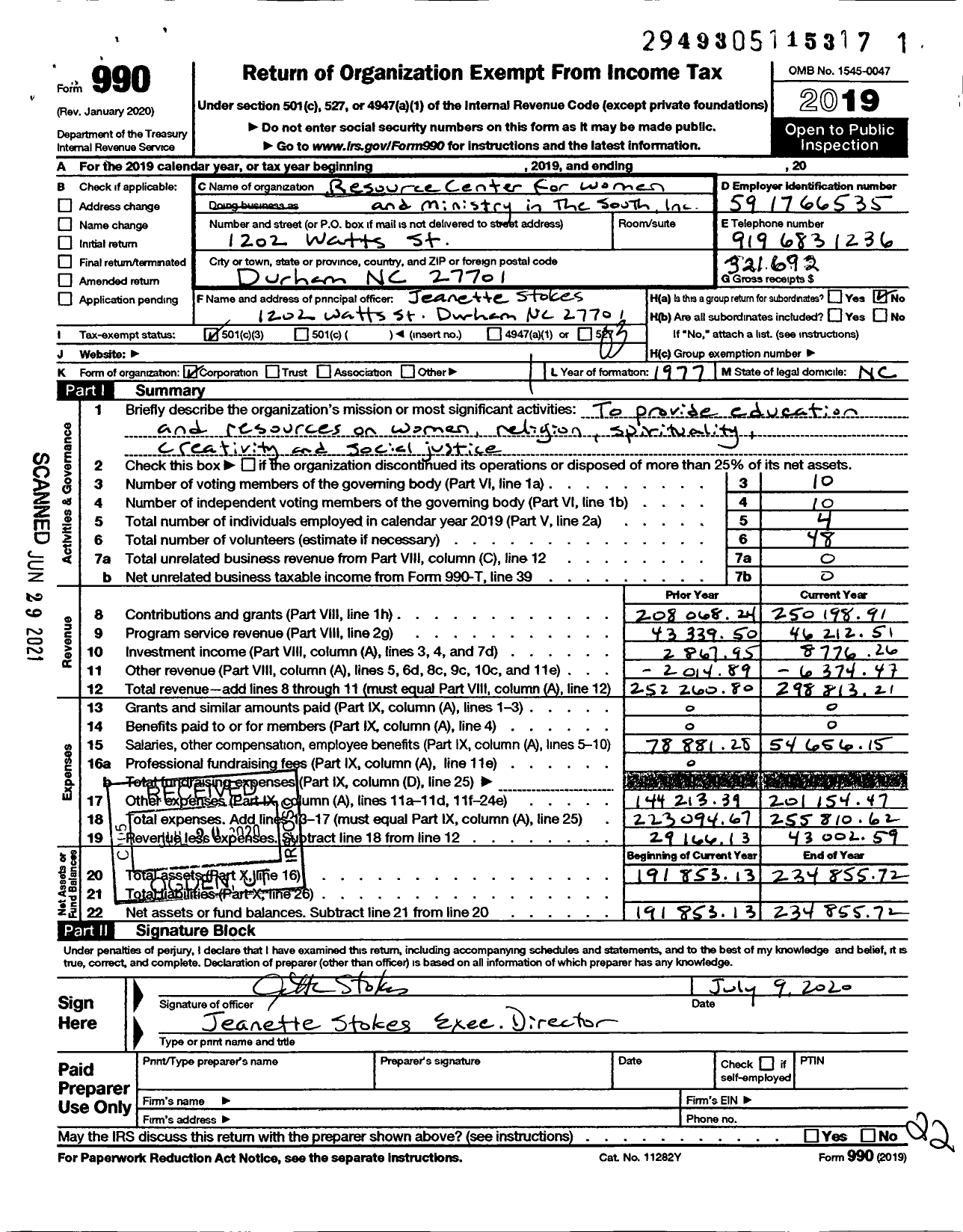 Image of first page of 2019 Form 990 for Resource Center for Women and Ministry in the South