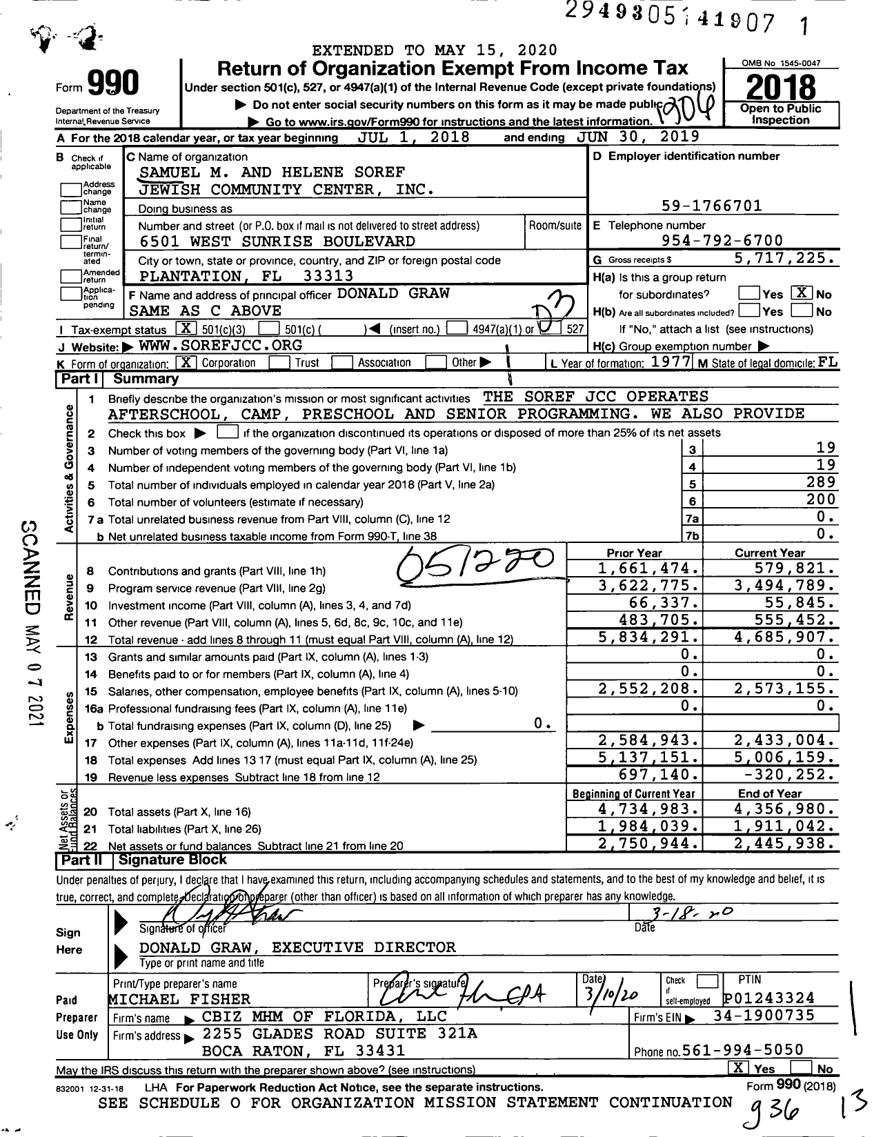 Image of first page of 2018 Form 990 for Soref JCC