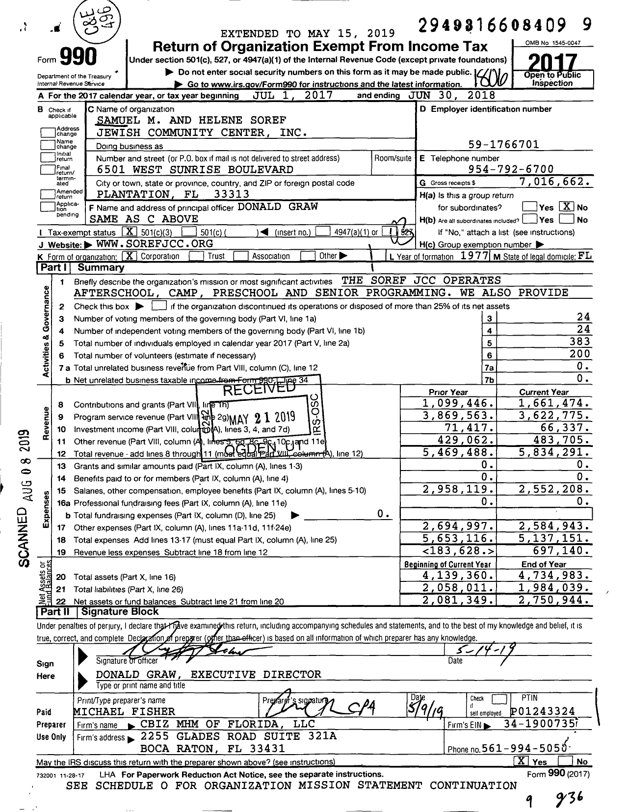 Image of first page of 2017 Form 990 for Soref JCC