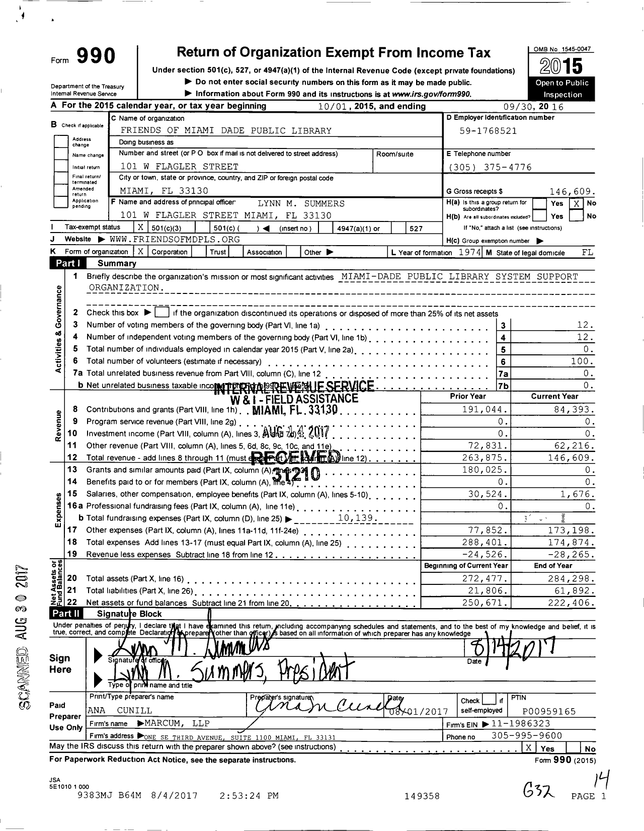 Image of first page of 2015 Form 990 for Friends of the Miami-Dade Public Library