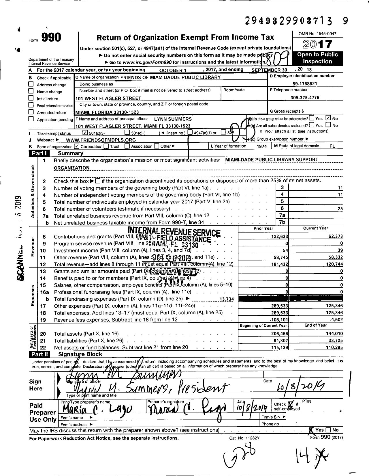 Image of first page of 2017 Form 990 for Friends of the Miami-Dade Public Library