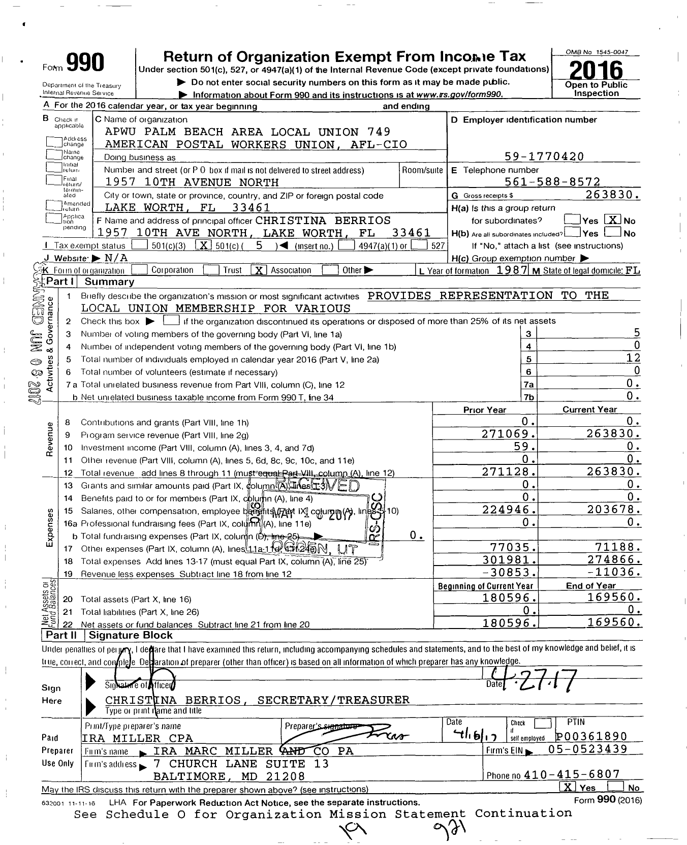 Image of first page of 2016 Form 990O for AMERICAN POSTAL WORKERS UNION - 749 Palm Beach Area Local UNION