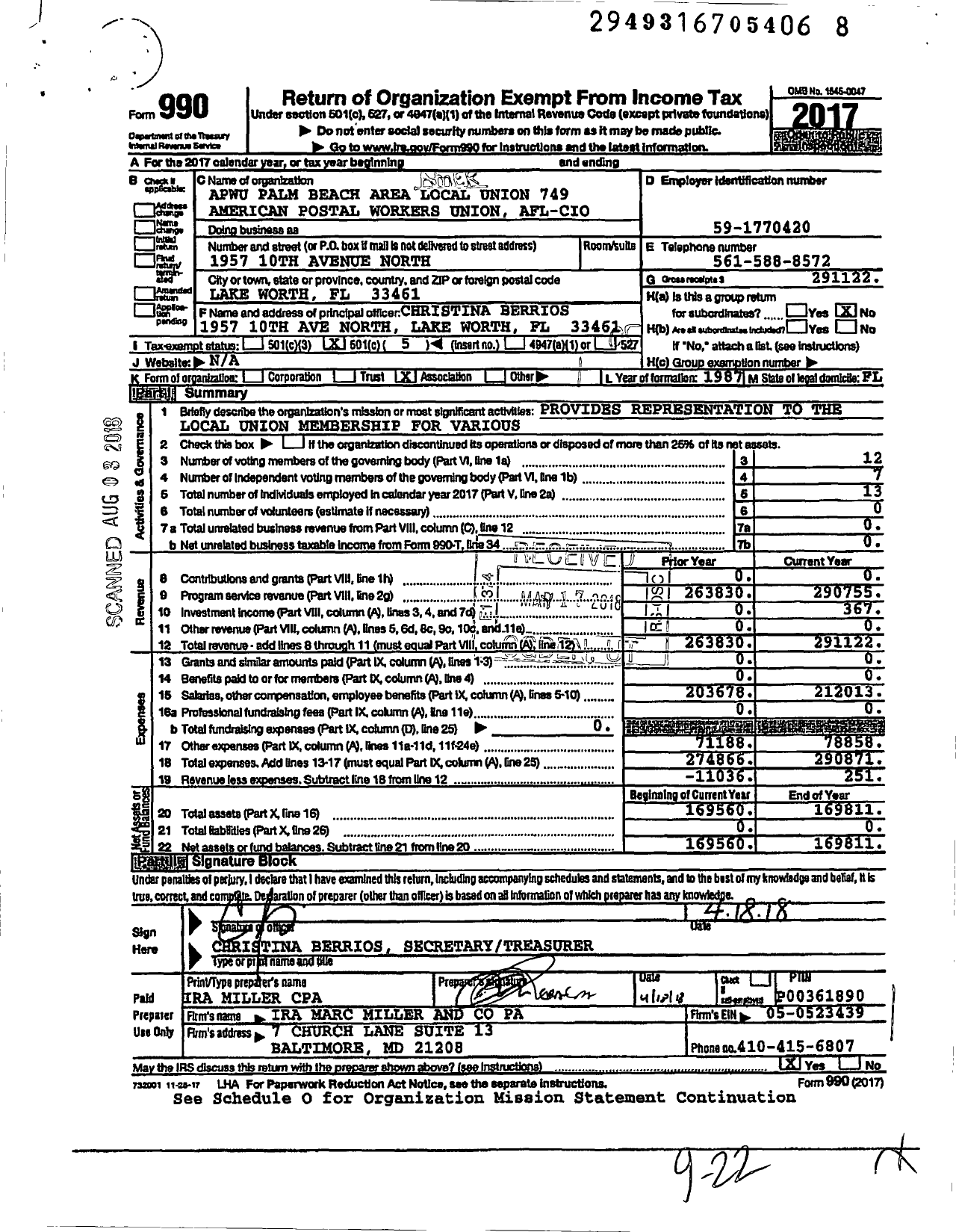 Image of first page of 2017 Form 990O for AMERICAN POSTAL WORKERS UNION - 749 Palm Beach Area Local UNION