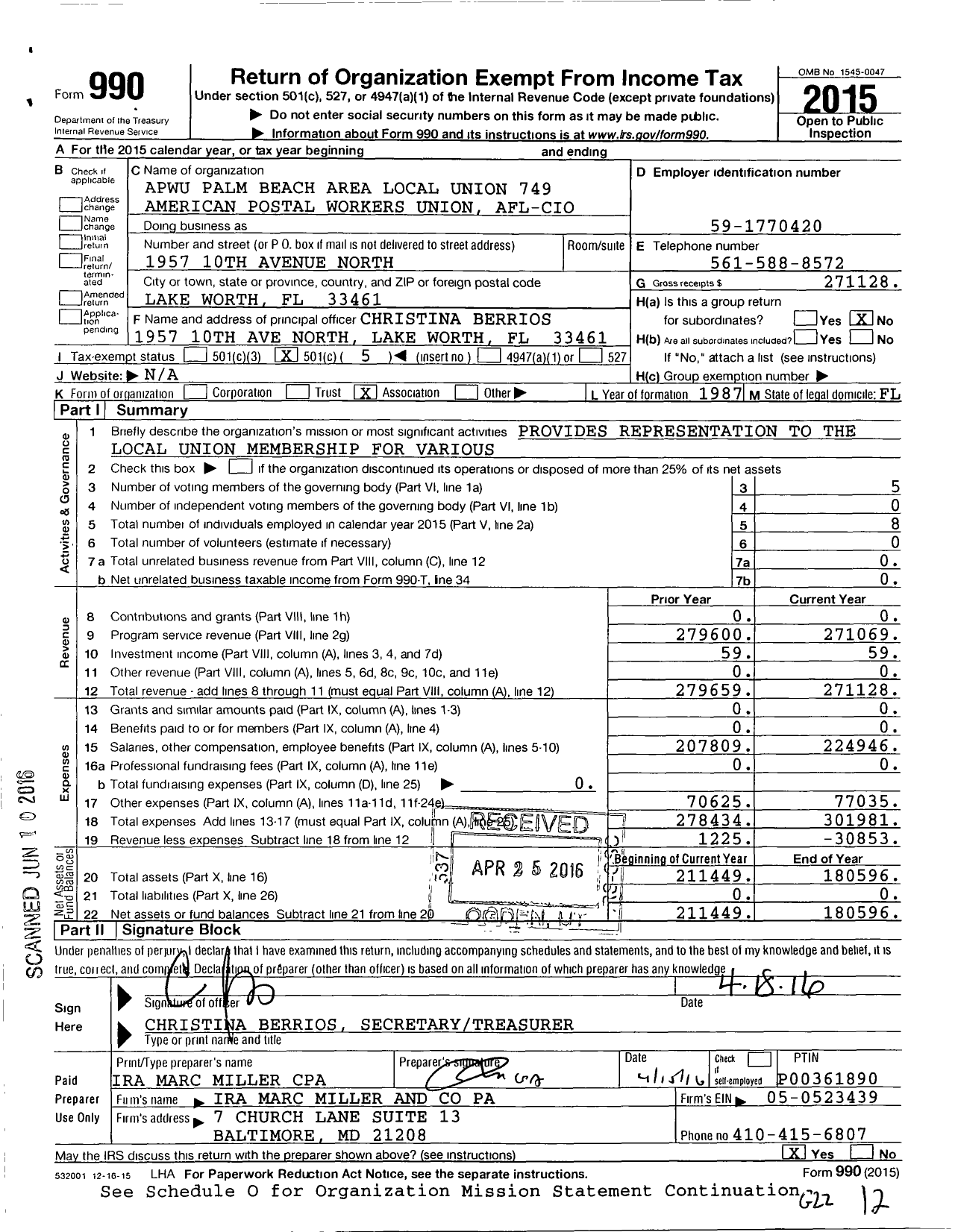 Image of first page of 2015 Form 990O for AMERICAN POSTAL WORKERS UNION - 749 Palm Beach Area Local UNION