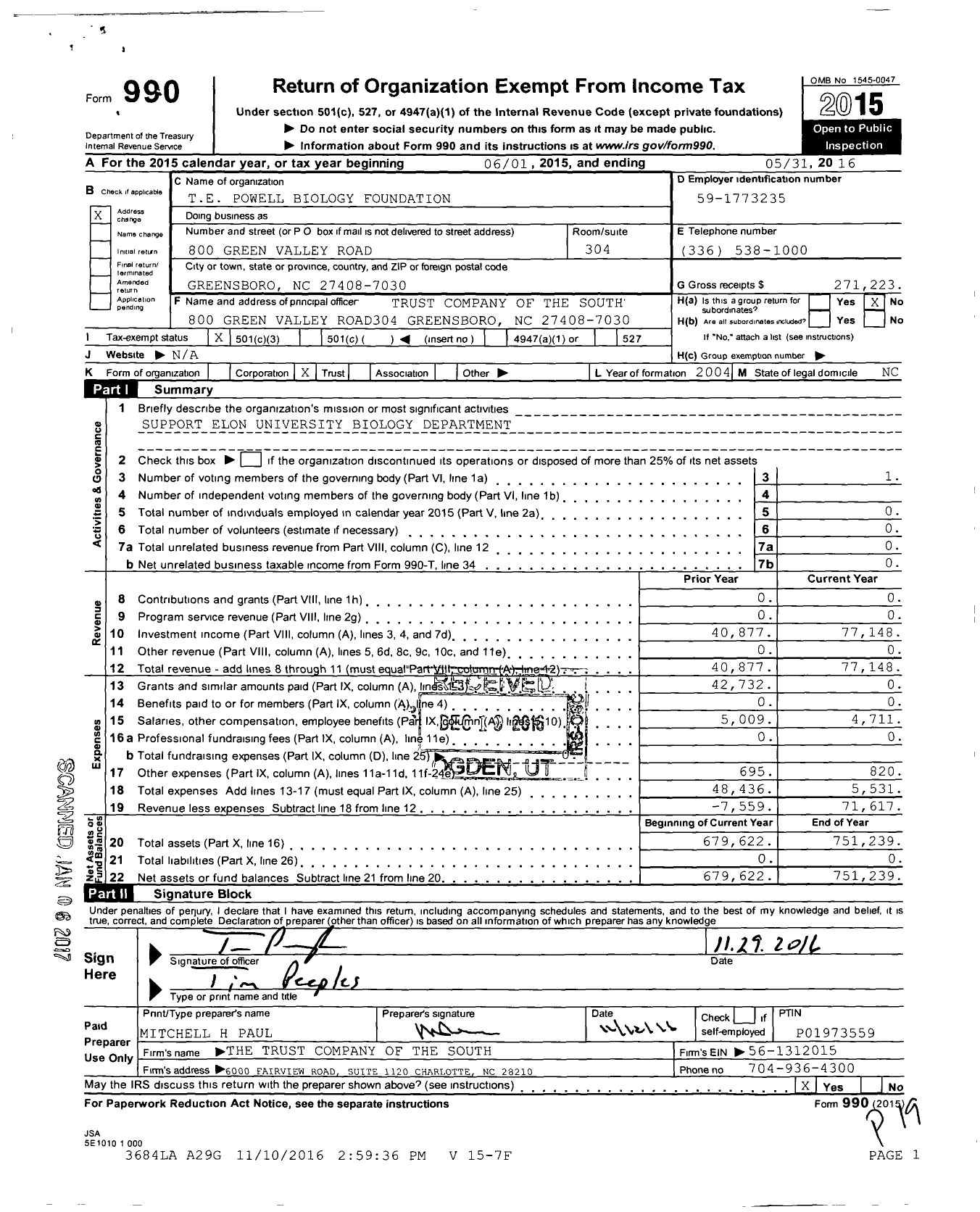 Image of first page of 2015 Form 990 for Te Powell Biology Foundation