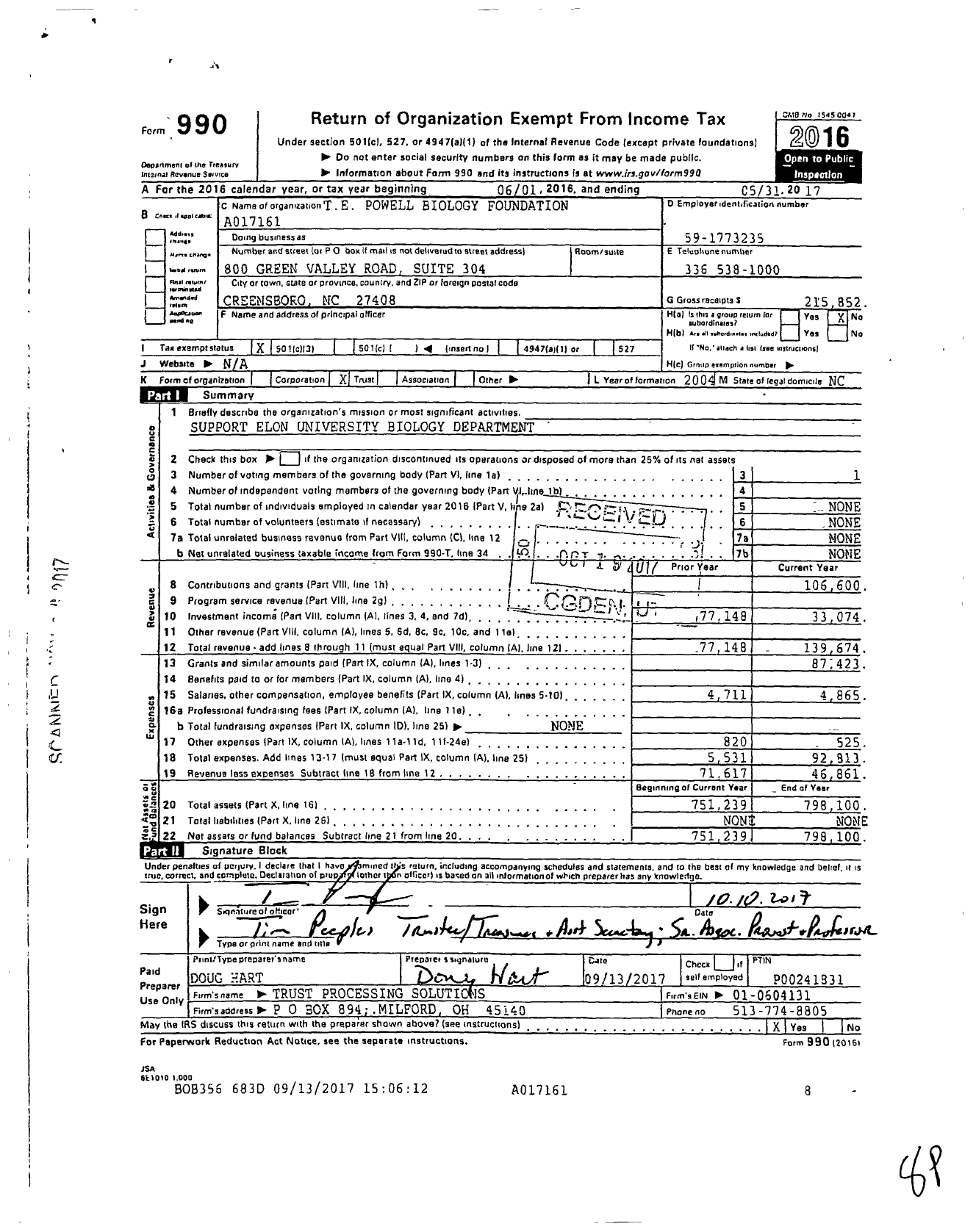 Image of first page of 2016 Form 990 for Te Powell Biology Foundation