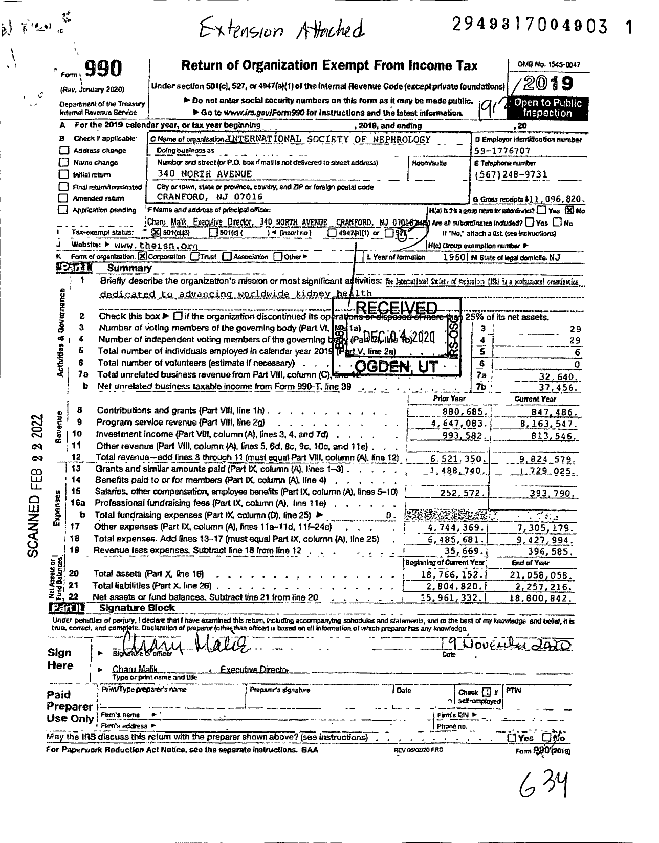 Image of first page of 2019 Form 990 for International Society of Nephrology (ISN)