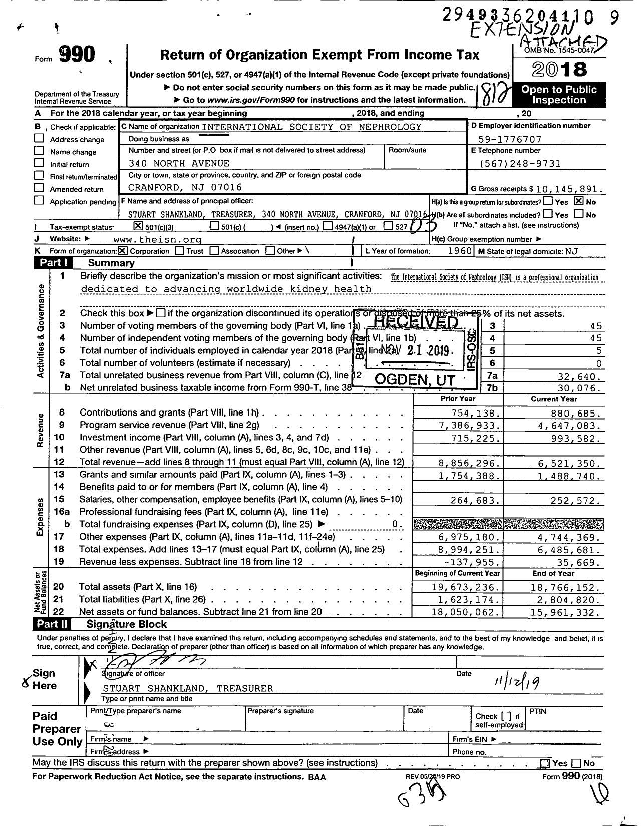 Image of first page of 2018 Form 990 for International Society of Nephrology (ISN)