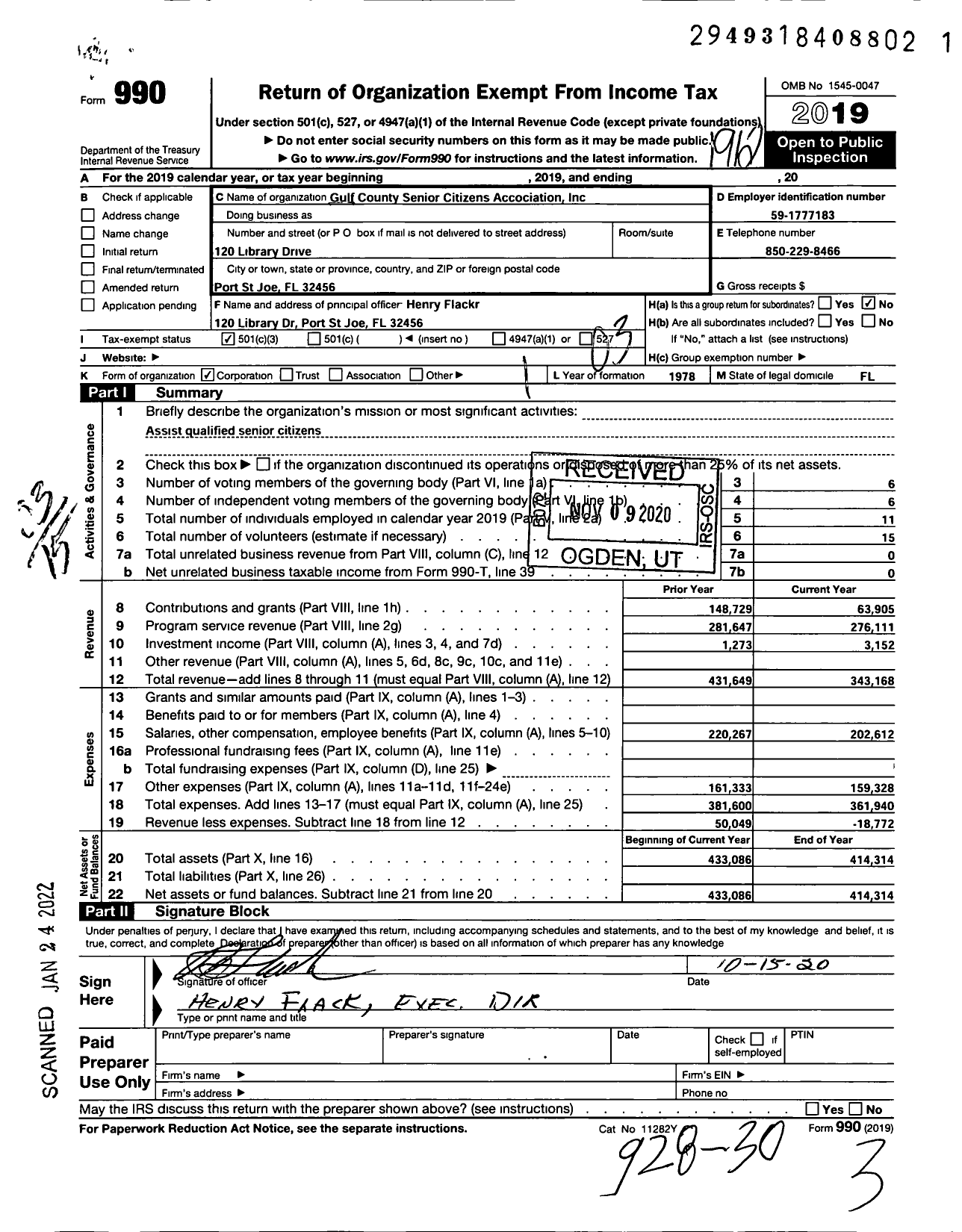 Image of first page of 2019 Form 990 for Gulf County Senior Citizens Cen