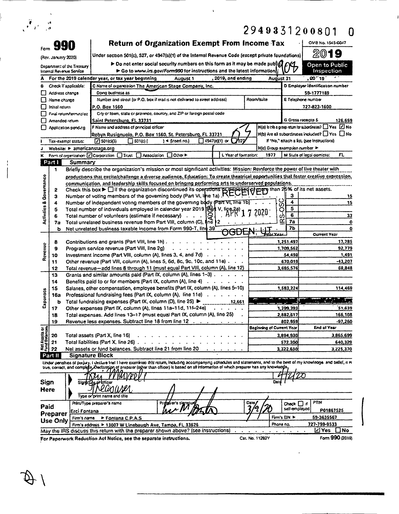 Image of first page of 2018 Form 990 for The American Stage Company