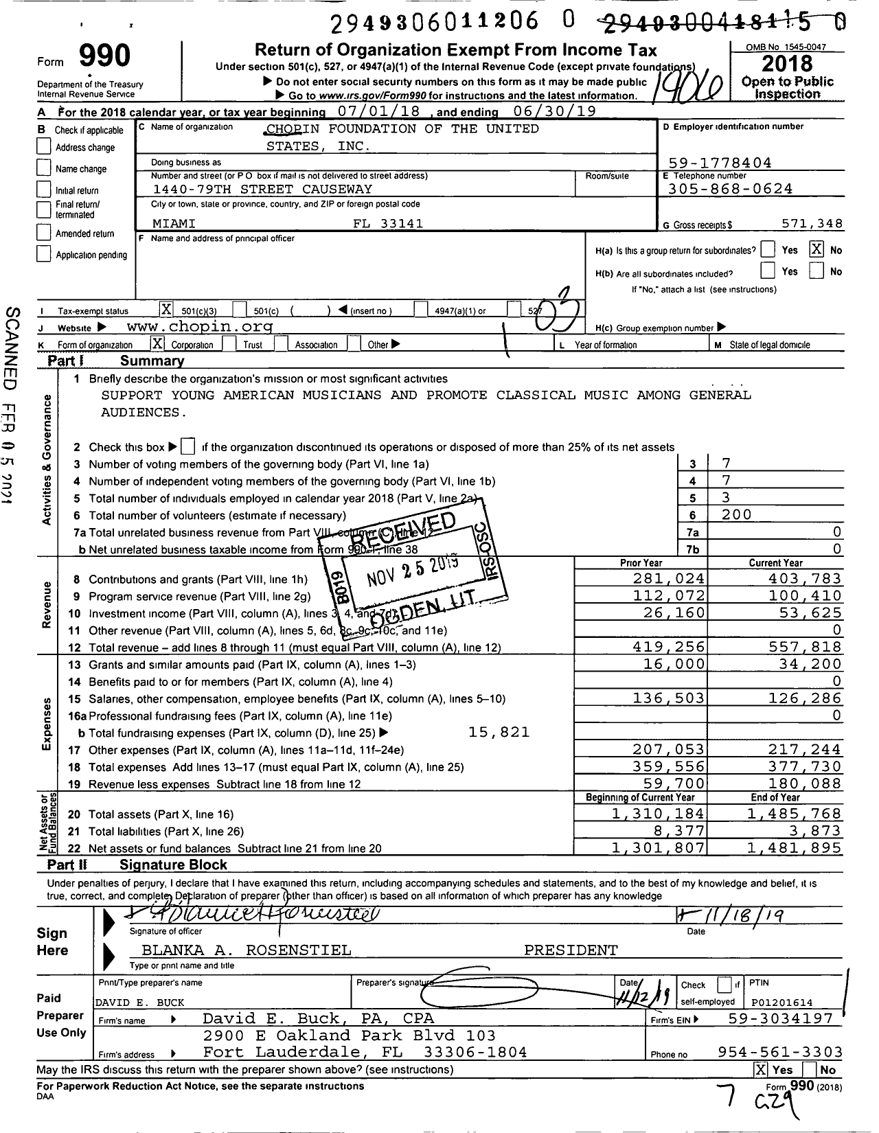 Image of first page of 2018 Form 990 for Chopin Foundation of the United States