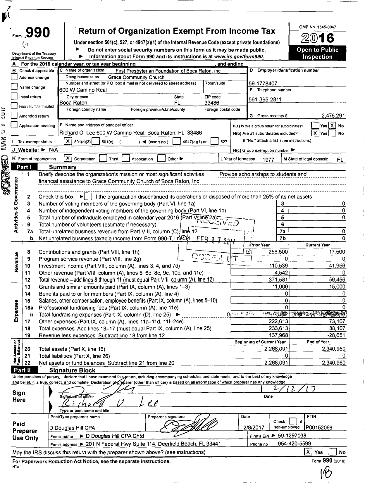 Image of first page of 2016 Form 990 for Grace Community Church Foundation / First Presbyterian Foundation of Boca Raton Inc