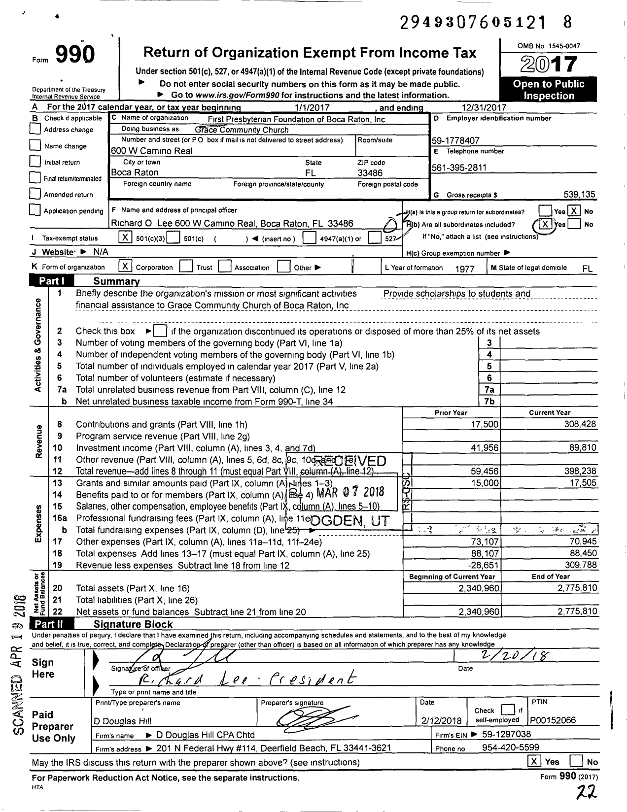 Image of first page of 2017 Form 990 for Grace Community Church Foundation / First Presbyterian Foundation of Boca Raton Inc