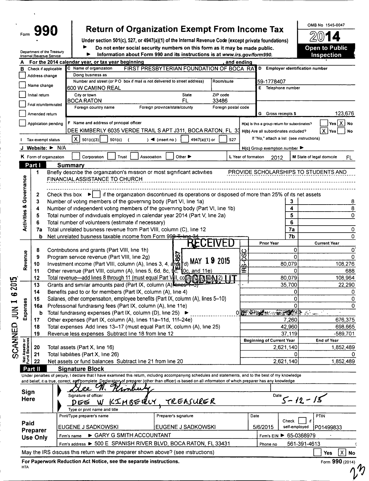 Image of first page of 2014 Form 990 for Grace Community Church Foundation / First Presbyterian Foundation of Boca Raton Inc