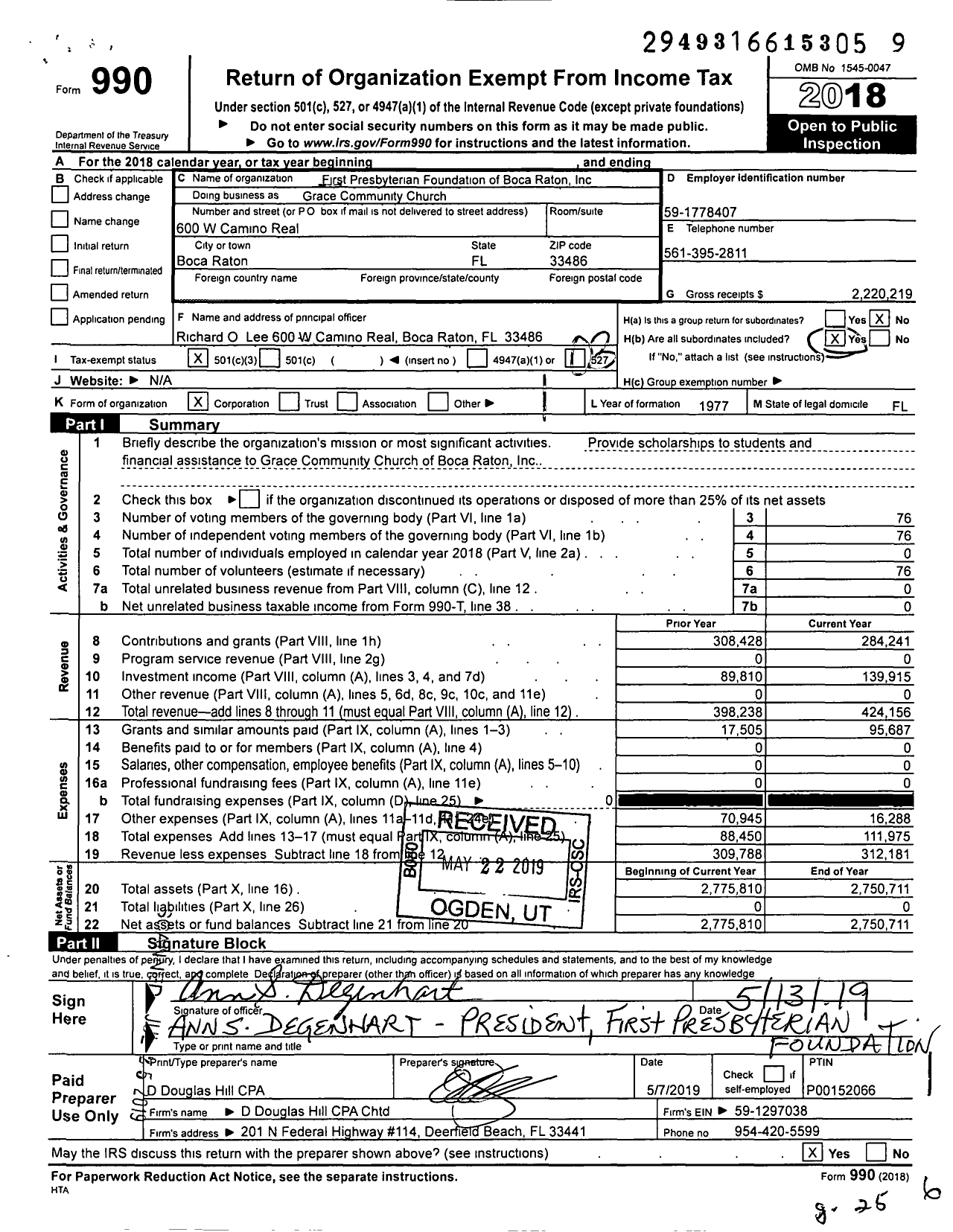 Image of first page of 2018 Form 990 for Grace Community Church Foundation / First Presbyterian Foundation of Boca Raton Inc