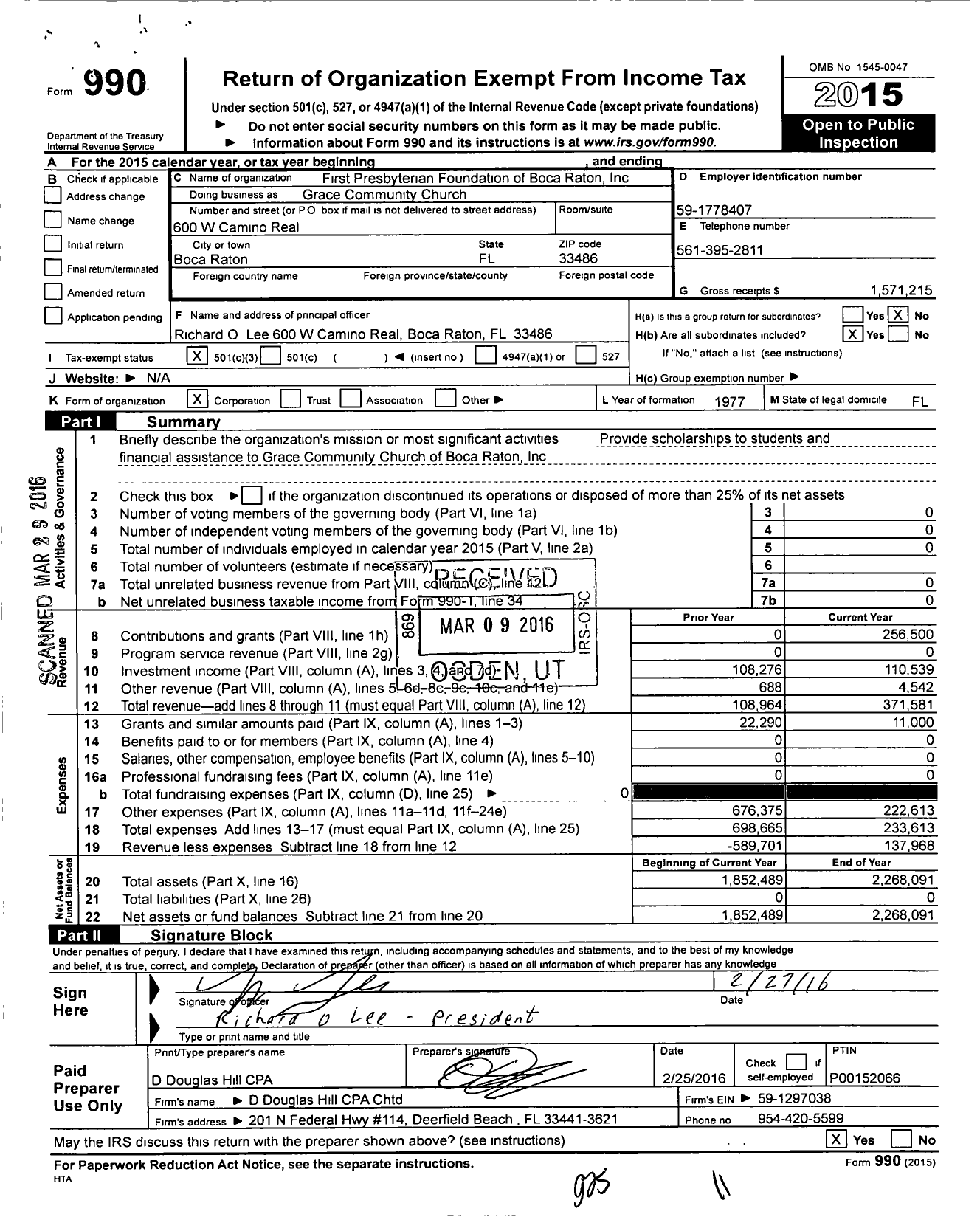 Image of first page of 2015 Form 990 for Grace Community Church Foundation / First Presbyterian Foundation of Boca Raton Inc