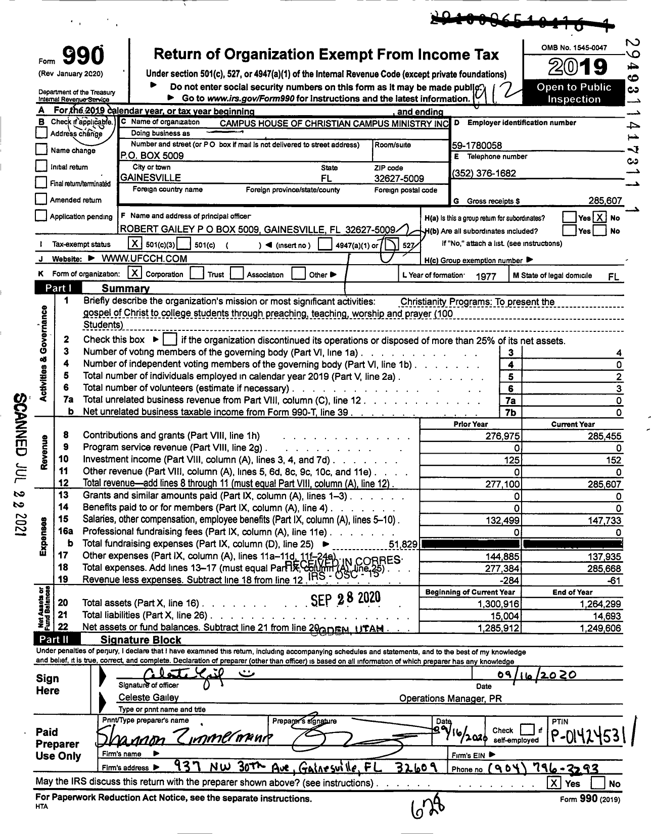 Image of first page of 2019 Form 990 for Campus House of Christian Campus Ministry