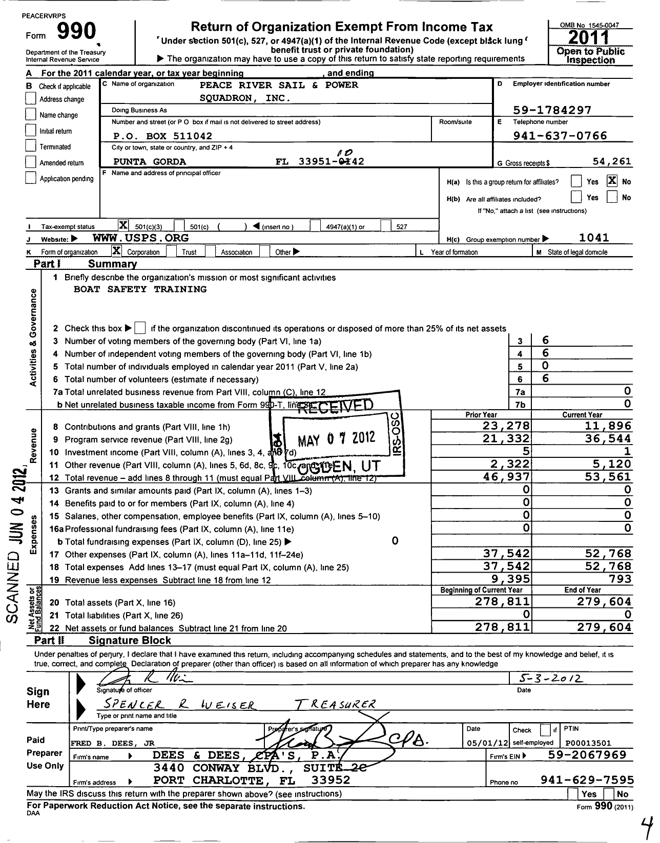 Image of first page of 2011 Form 990 for United States Power Squadrons - 22 Peace River Sail & Power Squadro