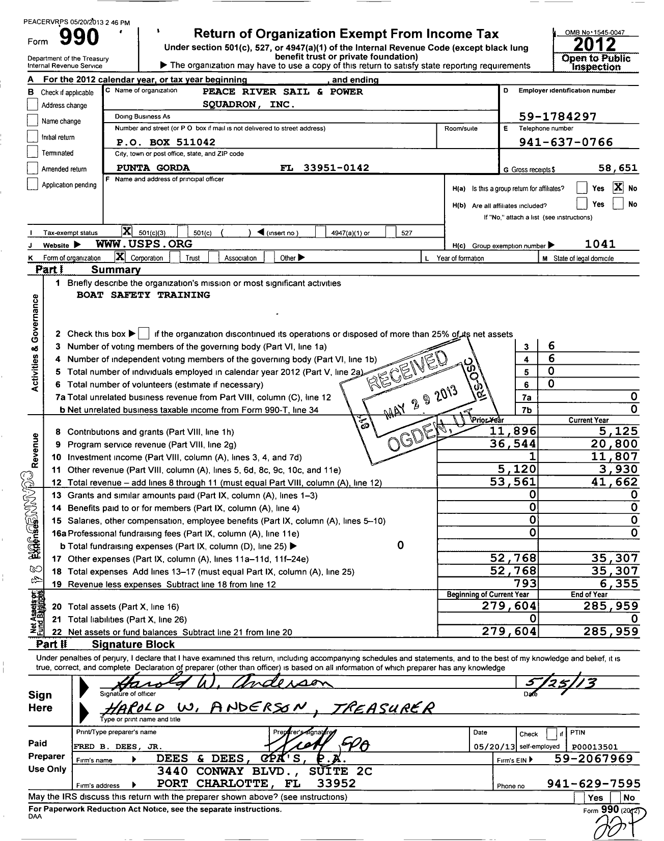 Image of first page of 2012 Form 990 for United States Power Squadrons - 22 Peace River Sail & Power Squadro