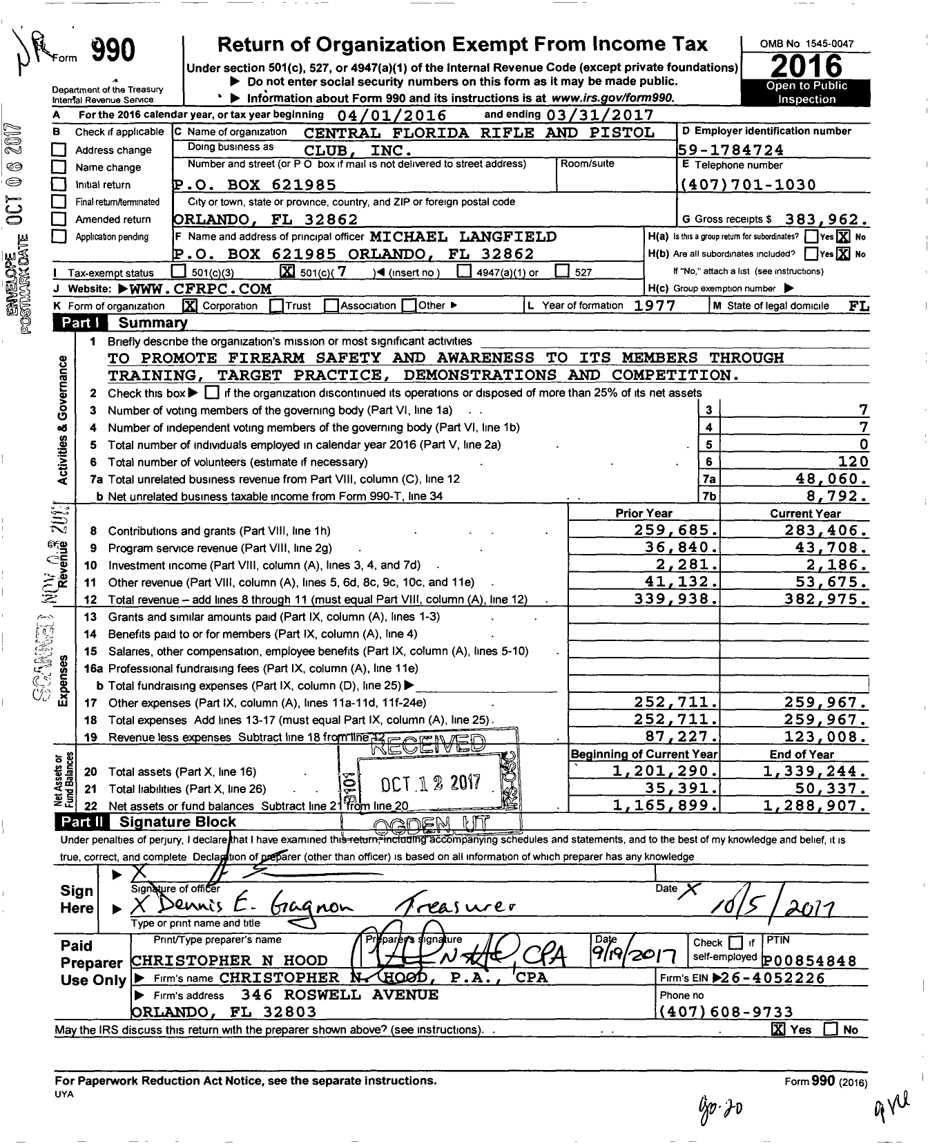 Image of first page of 2016 Form 990O for Central Florida Rifle & Pistol Club