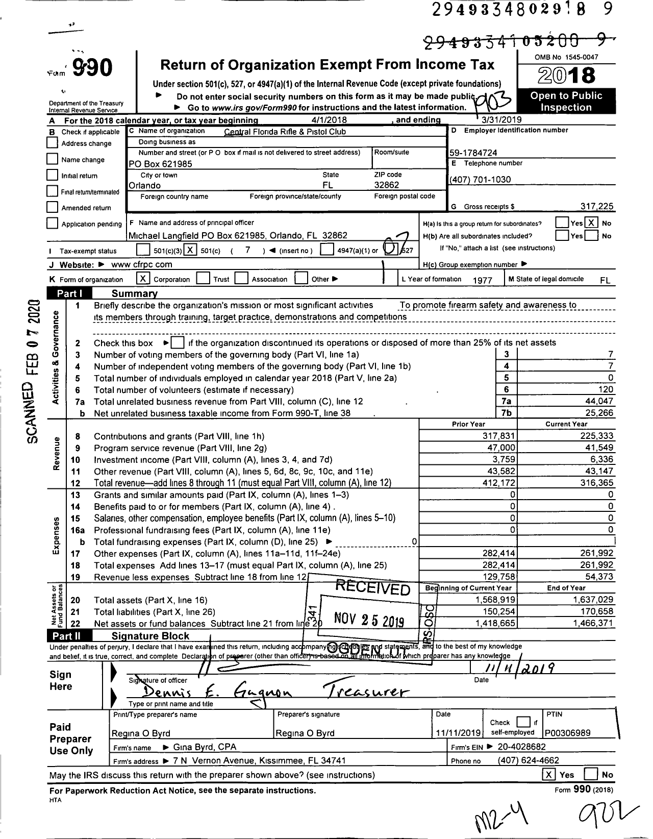 Image of first page of 2018 Form 990O for Central Florida Rifle & Pistol Club