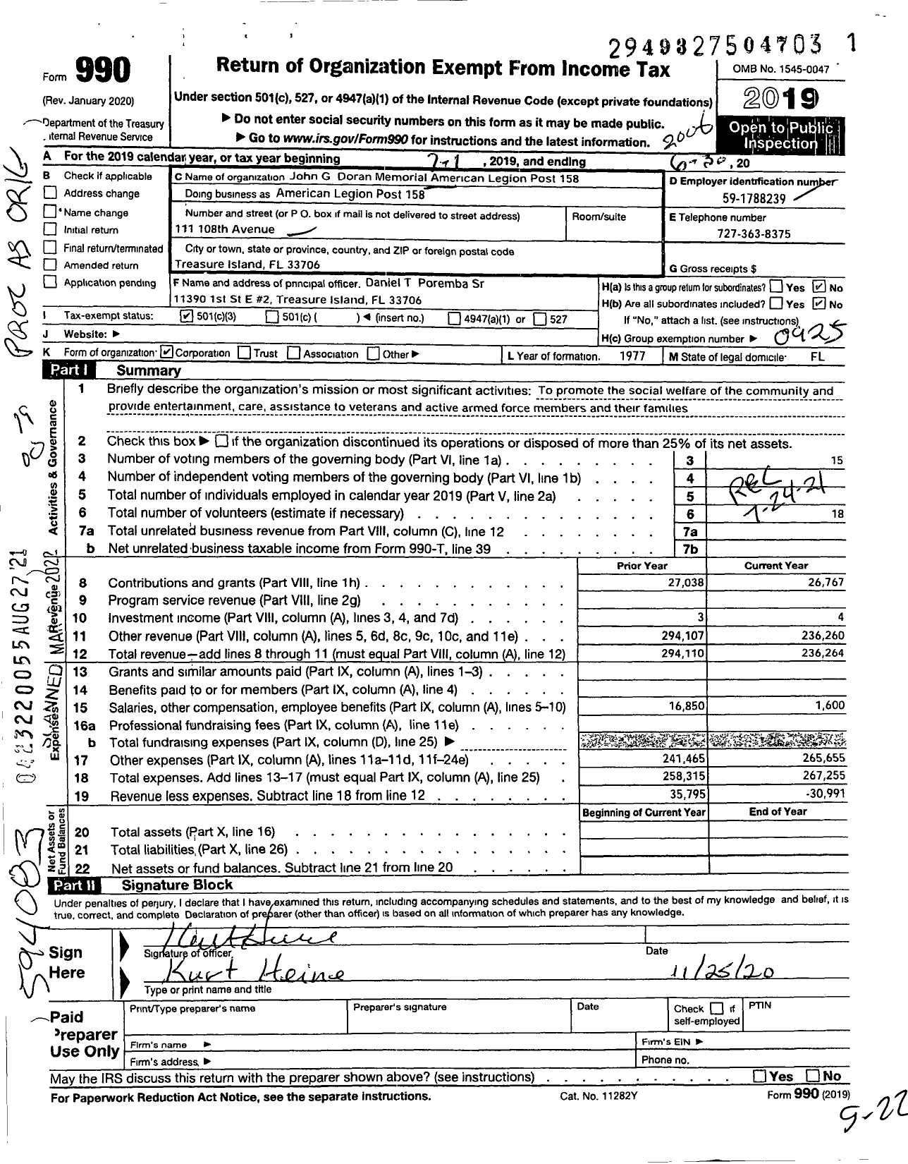 Image of first page of 2019 Form 990O for American Legion - John G Doran Memorial American Legion Post 158