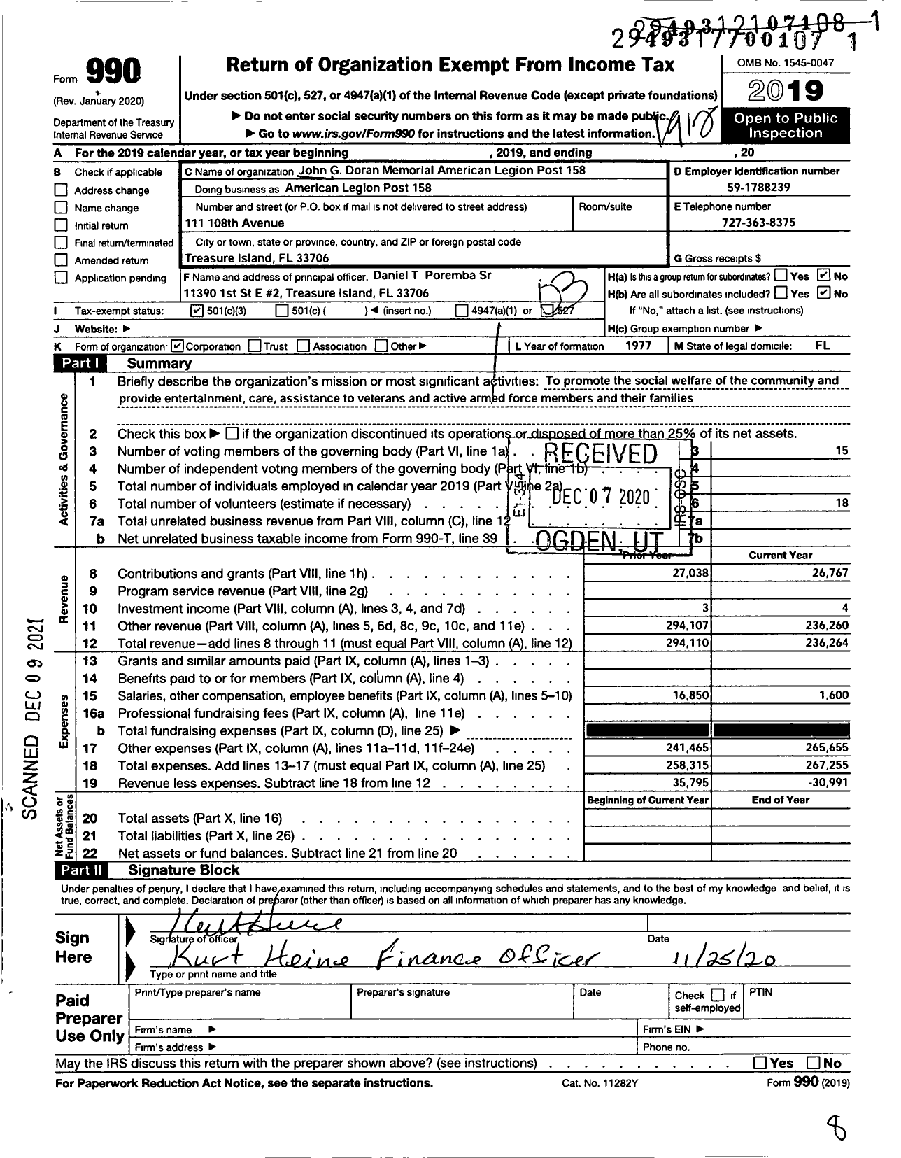 Image of first page of 2019 Form 990 for American Legion - John G Doran Memorial American Legion Post 158