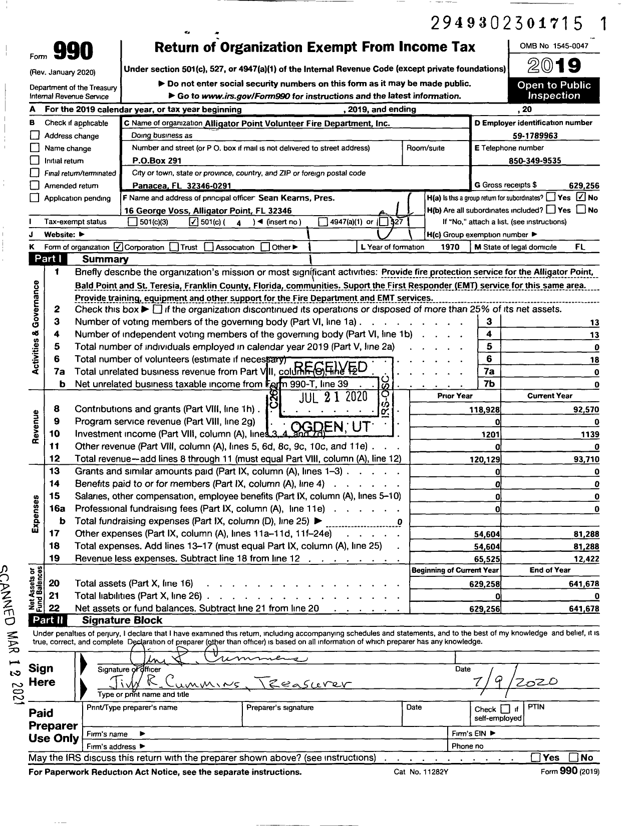 Image of first page of 2019 Form 990O for Alligator Point Volunteer Fire Department