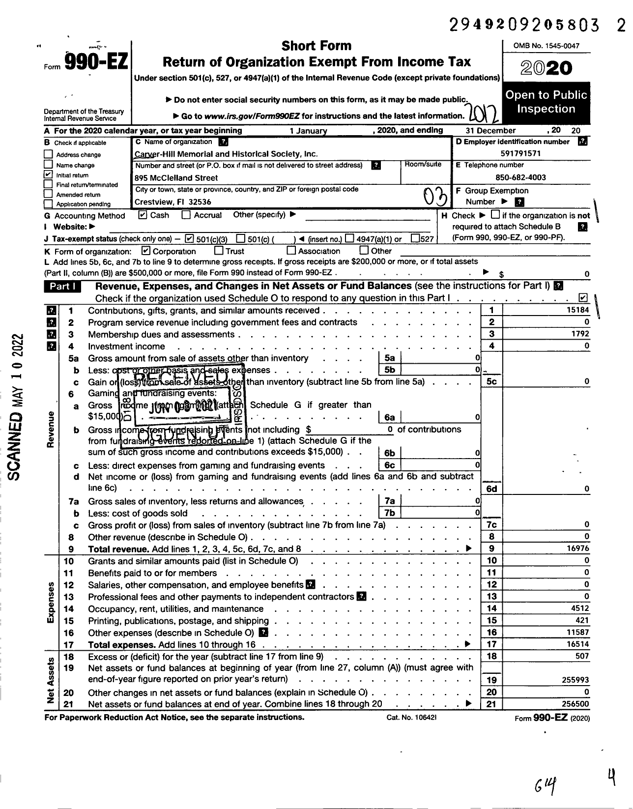 Image of first page of 2020 Form 990EZ for Carver-Hill Memorial and Historical Society