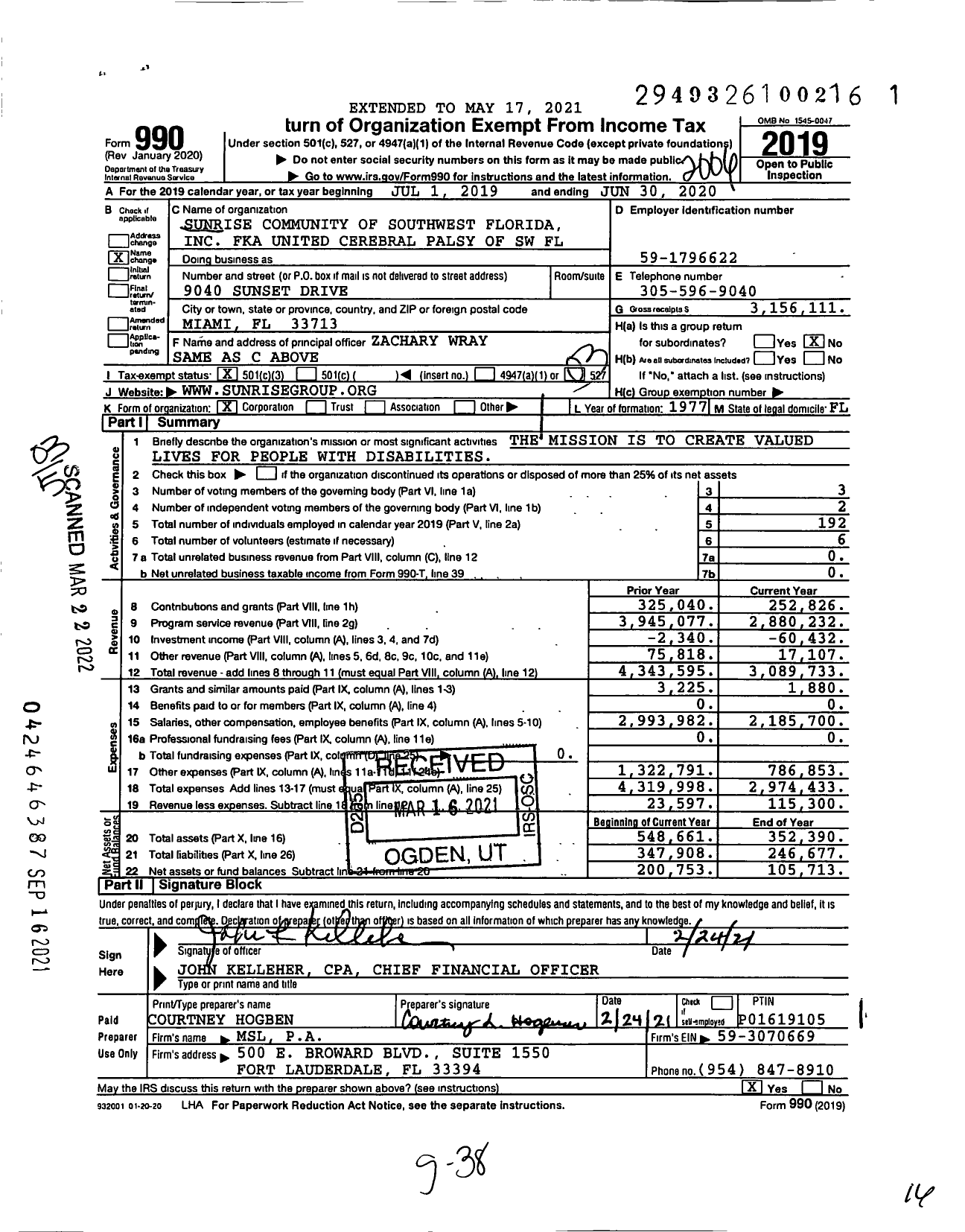 Image of first page of 2019 Form 990 for Sunrise Community of Southwest Florida (UCP SWFL)