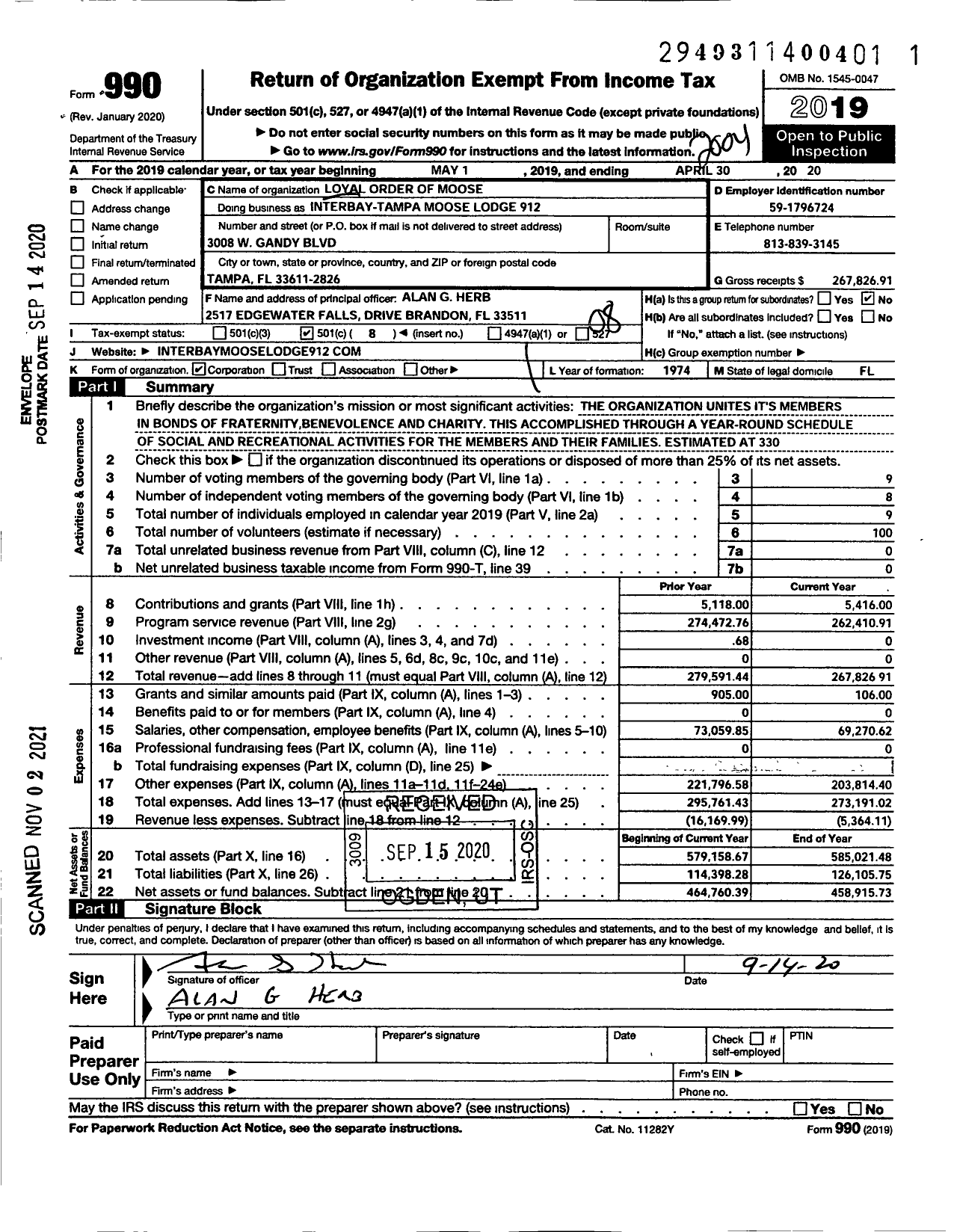 Image of first page of 2019 Form 990O for Loyal Order of Moose - Loyal Order of Moose / Interbay Tampa Moose 912