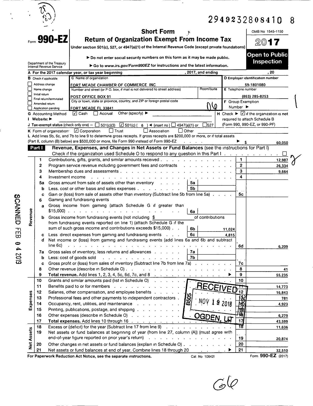 Image of first page of 2017 Form 990EO for Fort Meade Chamber of Commerce