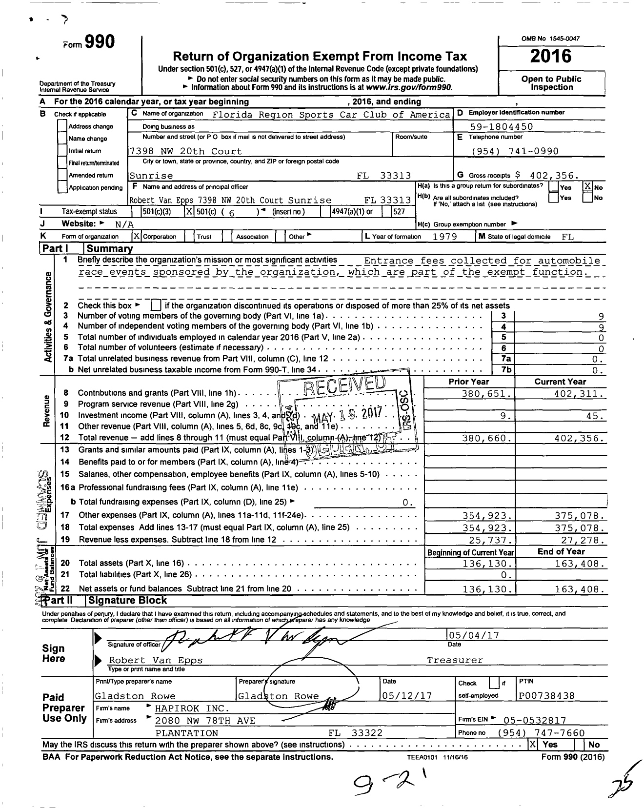 Image of first page of 2016 Form 990O for Florida Region Sports Car Club of America