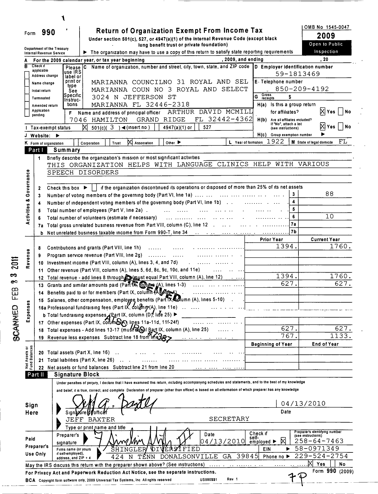 Image of first page of 2009 Form 990 for Royal and Select Masters of Florida - 31 Marianna