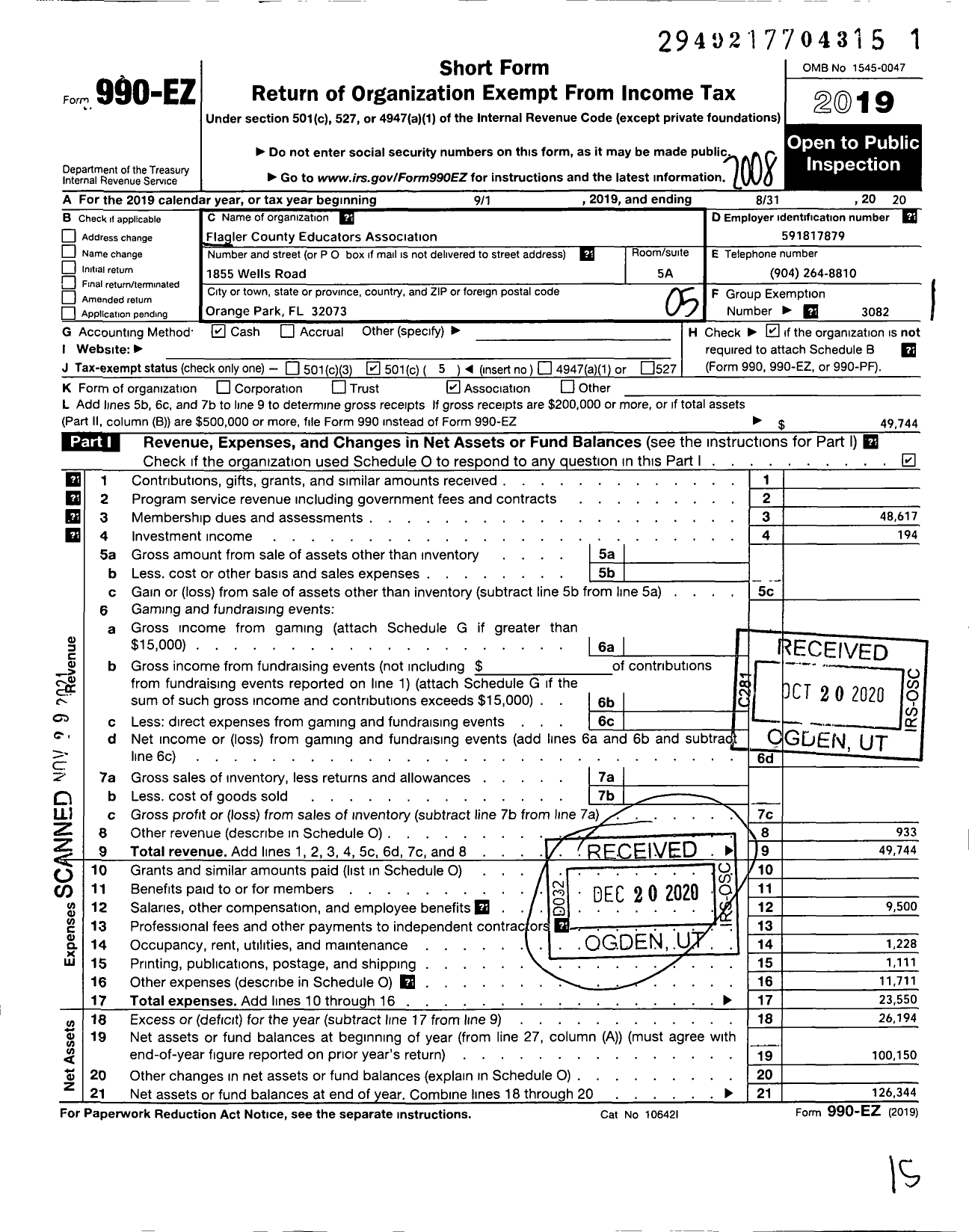 Image of first page of 2019 Form 990EO for Florida Education Association / Flagler County Educators Assoc