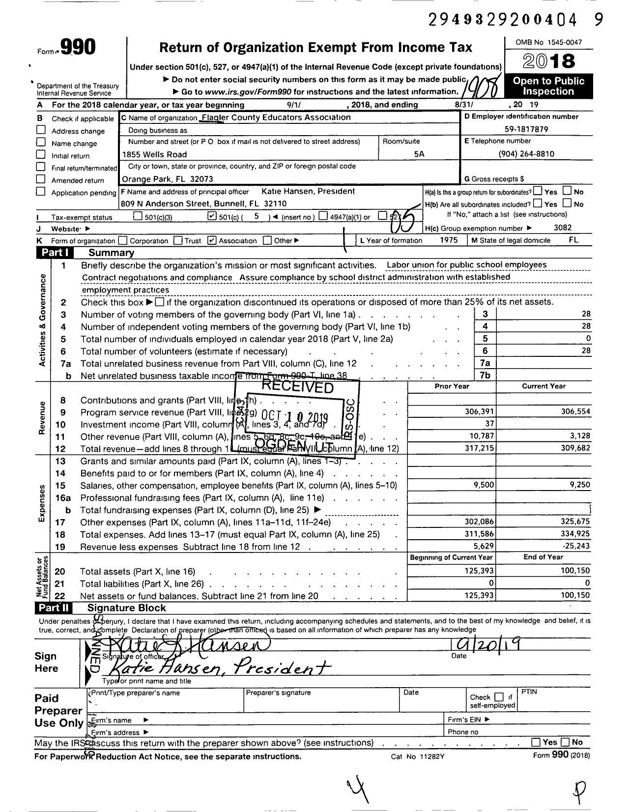 Image of first page of 2018 Form 990O for Florida Education Association / Flagler County Educators Assoc