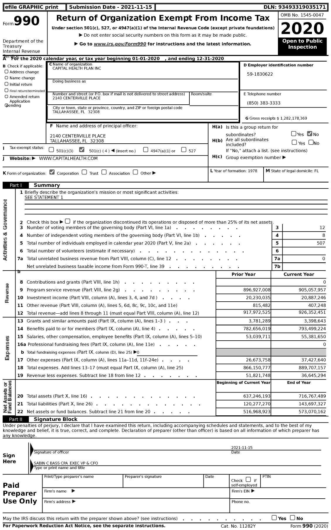 Image of first page of 2020 Form 990 for Capital Health Plan (CHP)