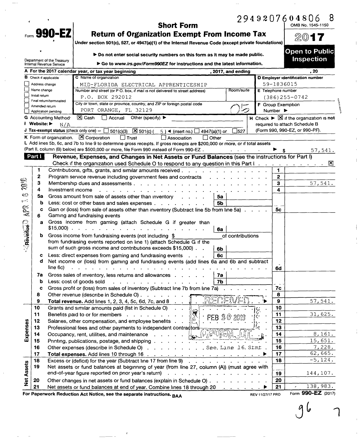 Image of first page of 2017 Form 990EO for Mid-Florida Electrical Apprenticeship