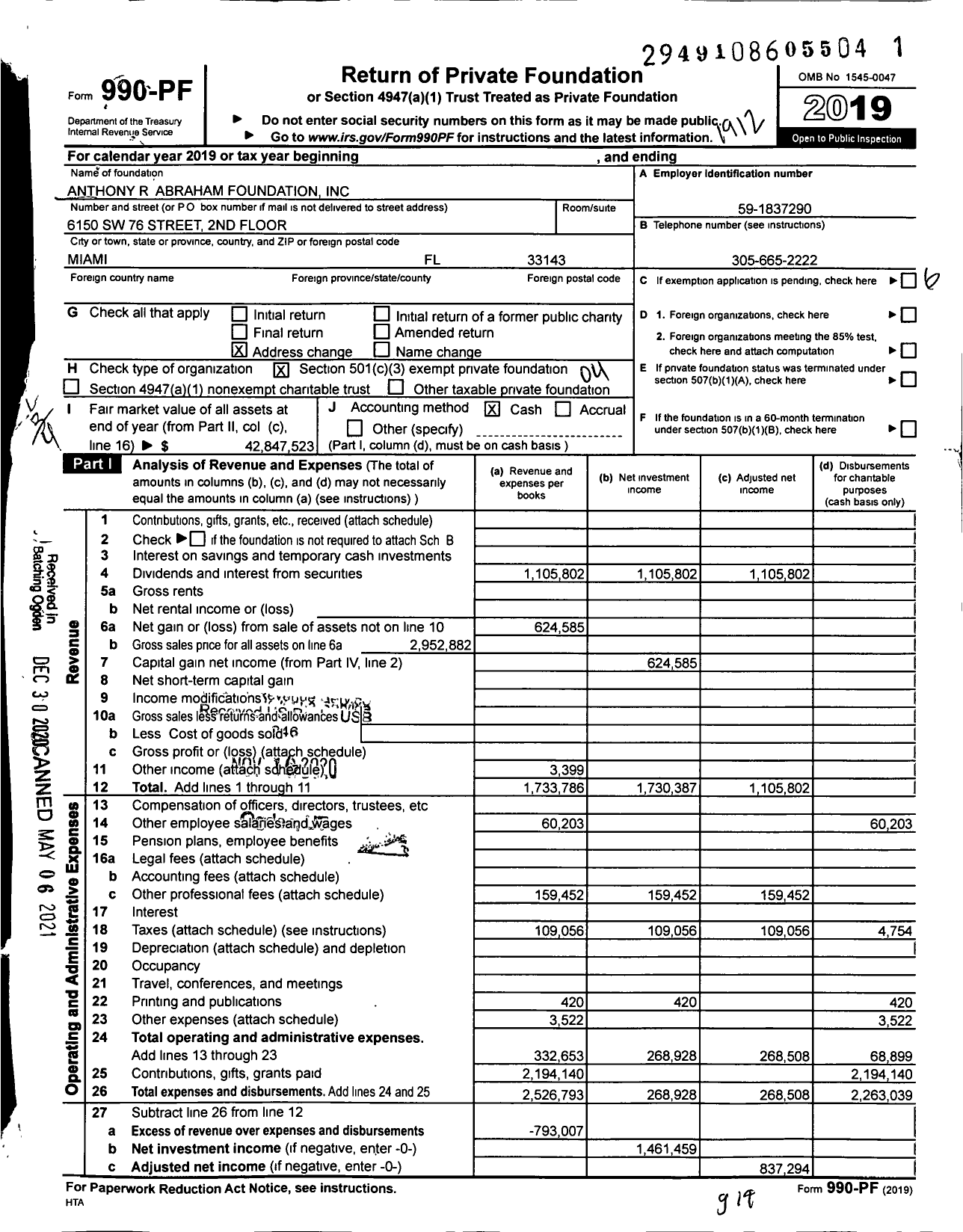 Image of first page of 2019 Form 990PF for Anthony R Abraham Foundation