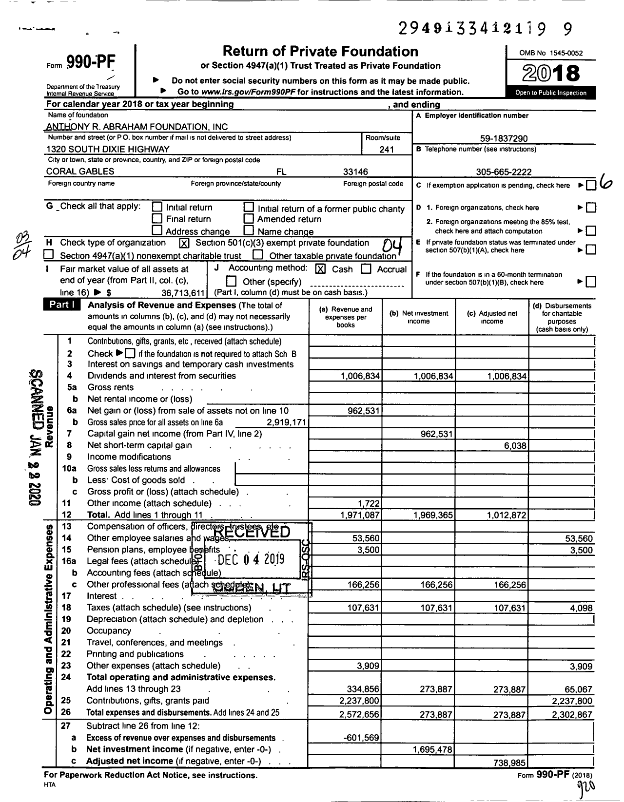 Image of first page of 2018 Form 990PF for Anthony R Abraham Foundation