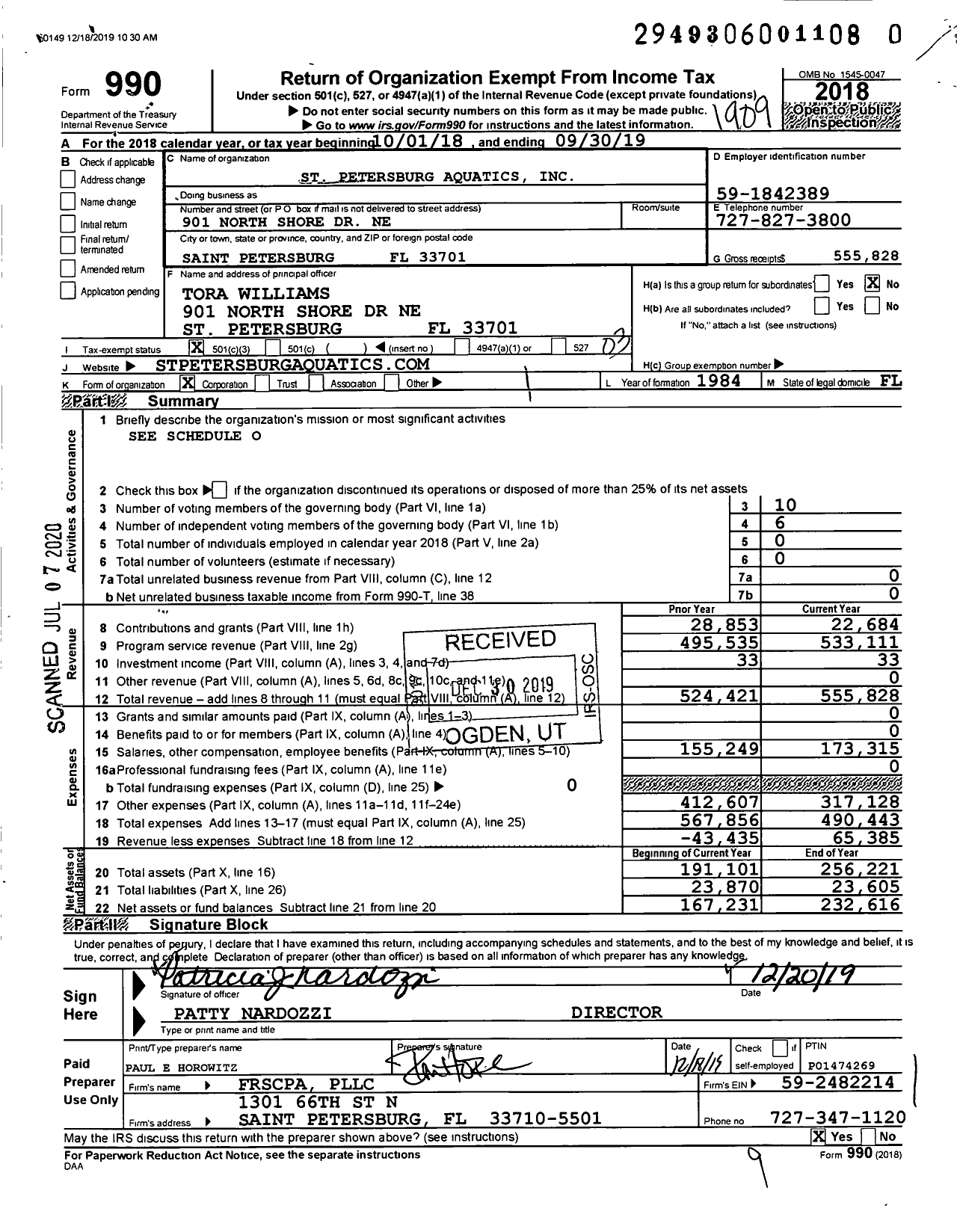 Image of first page of 2018 Form 990 for St Petersburg Aquatics