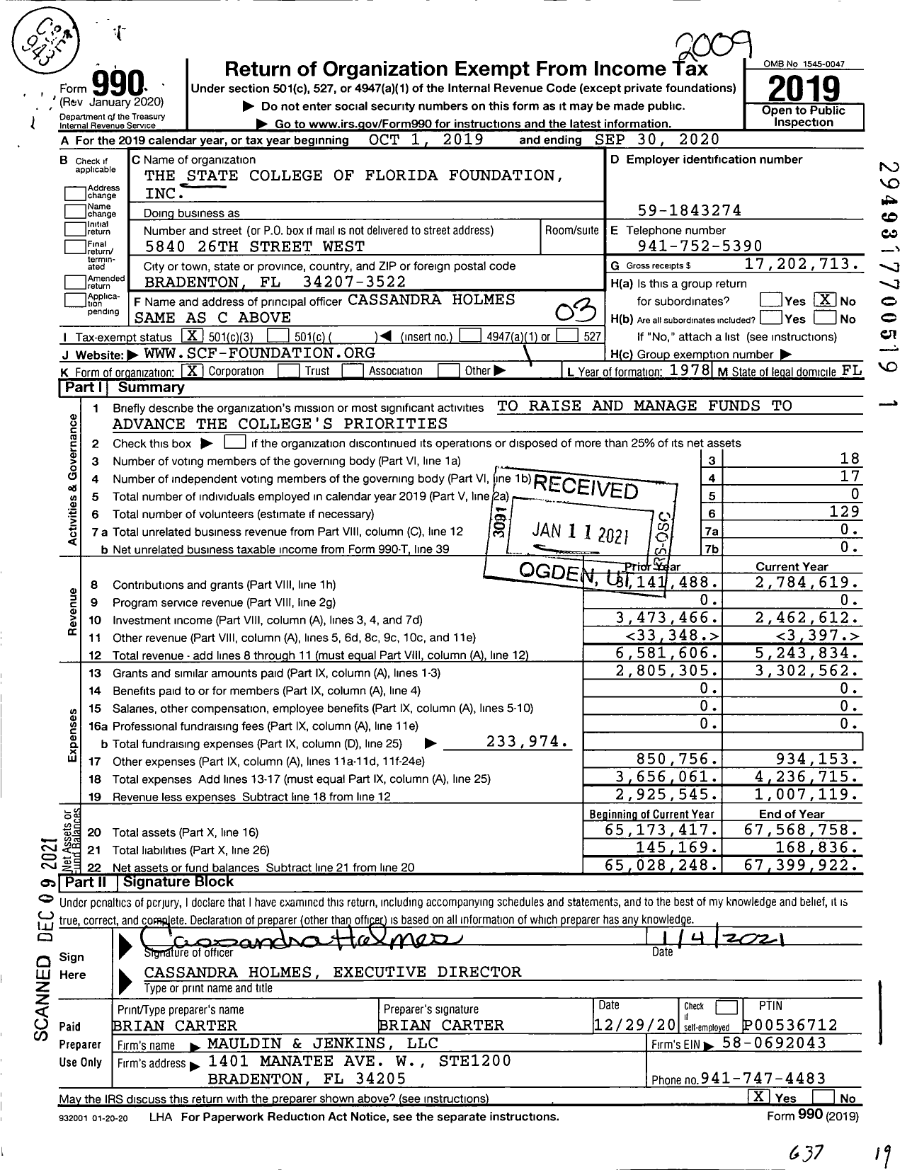 Image of first page of 2019 Form 990 for The State College of Florida Foundation