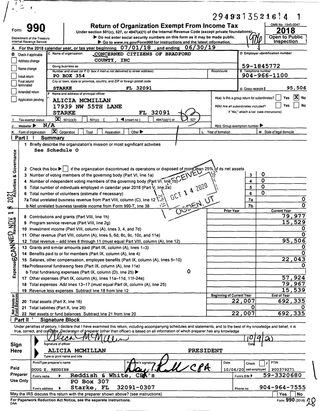 Image of first page of 2018 Form 990 for Concerned Citizens of Bradford County