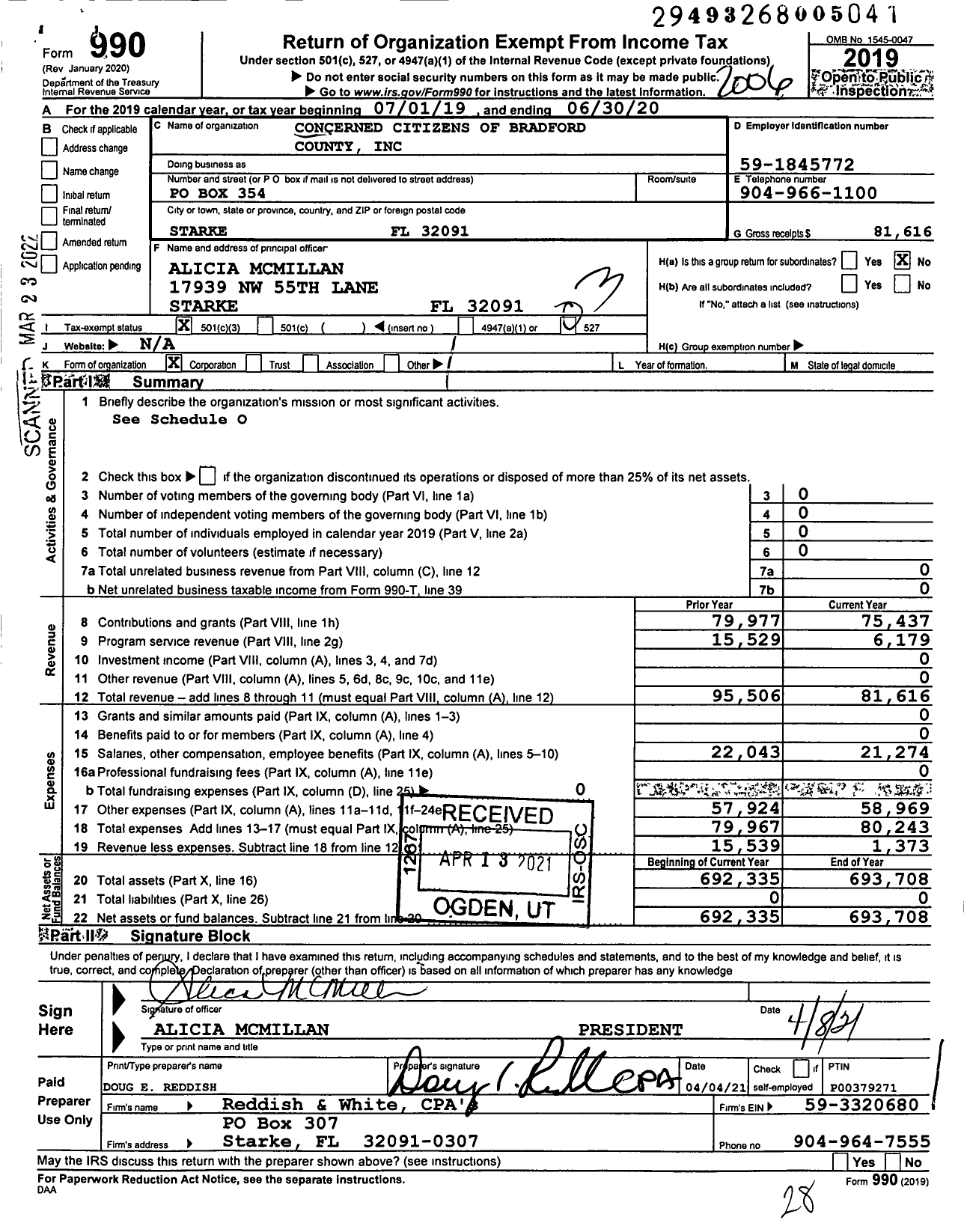 Image of first page of 2019 Form 990 for Concerned Citizens of Bradford County