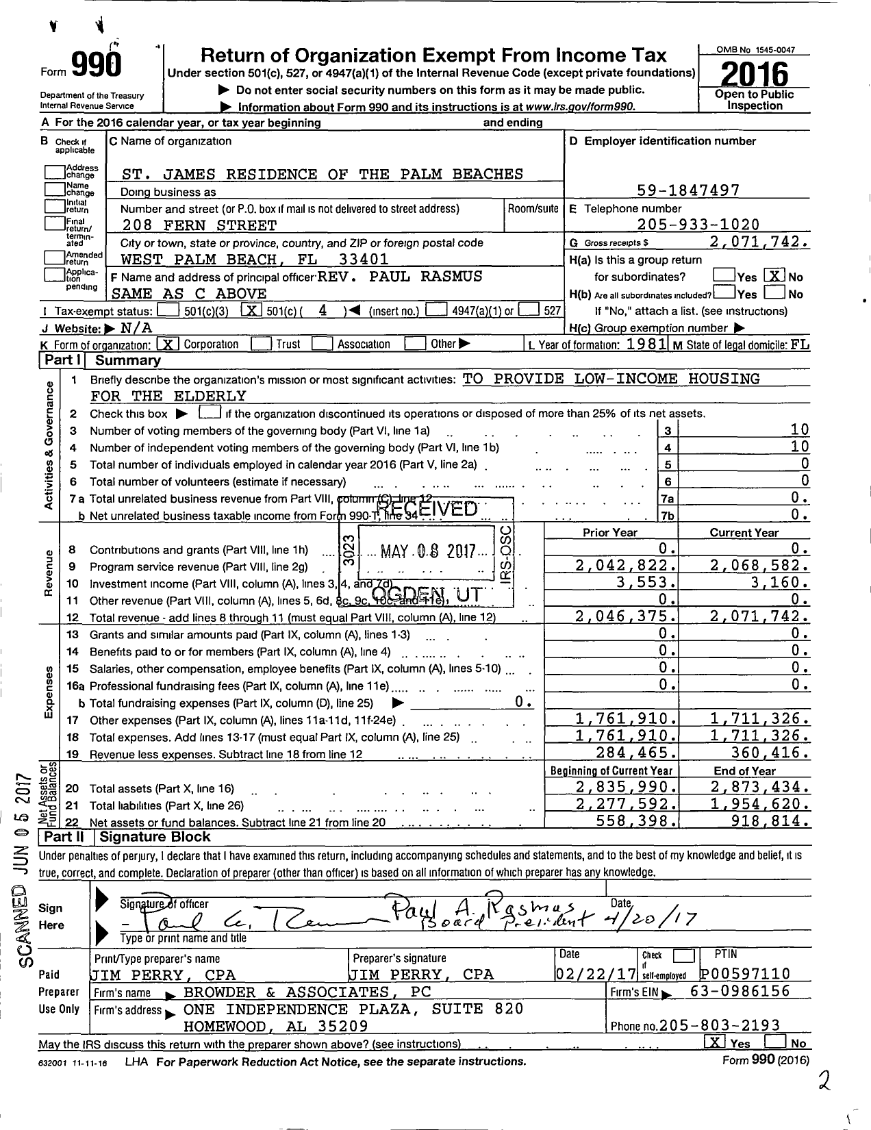 Image of first page of 2016 Form 990O for St James Residence of the Palm Beaches